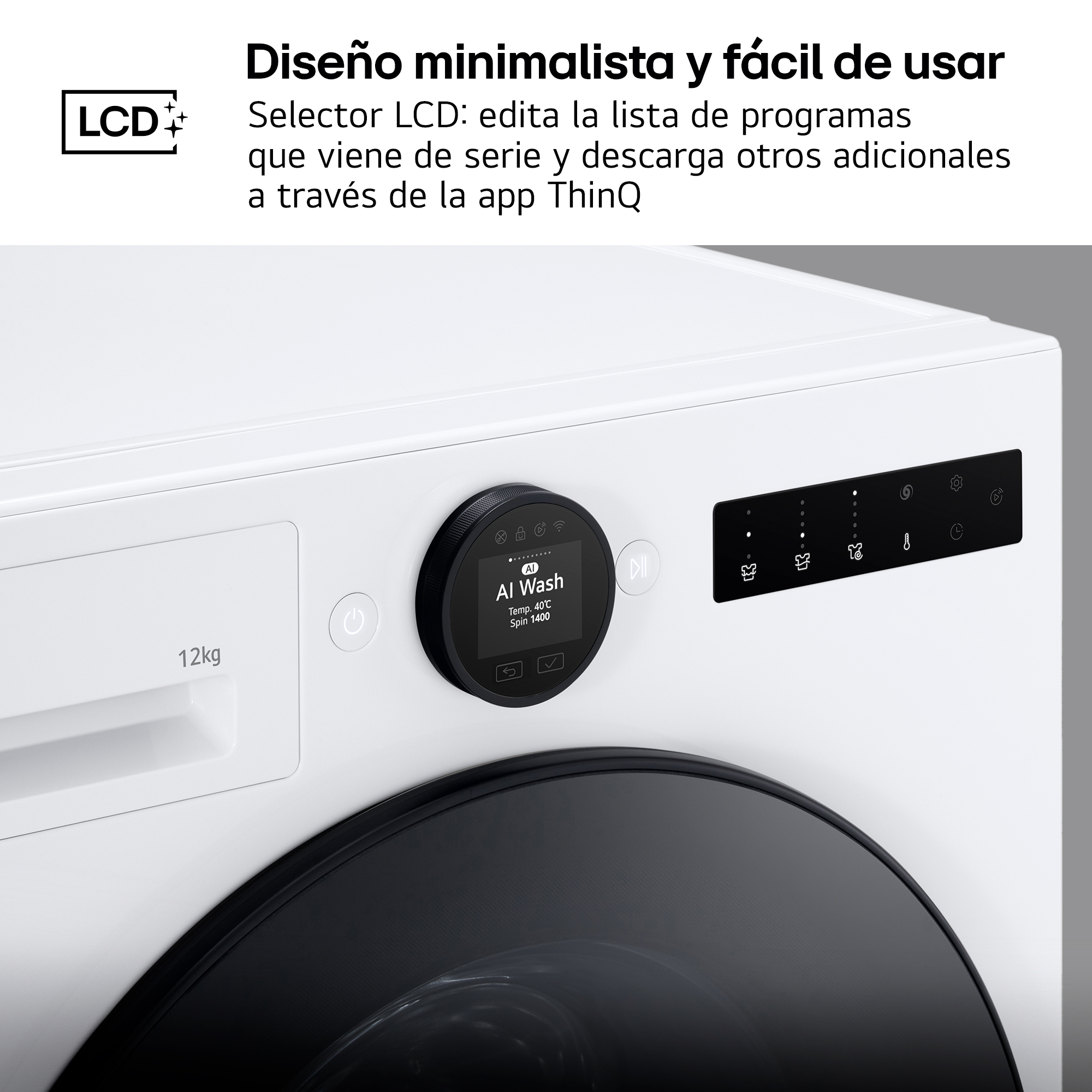 Lavadora blanca con pantalla LCD, mando giratorio y panel táctil.