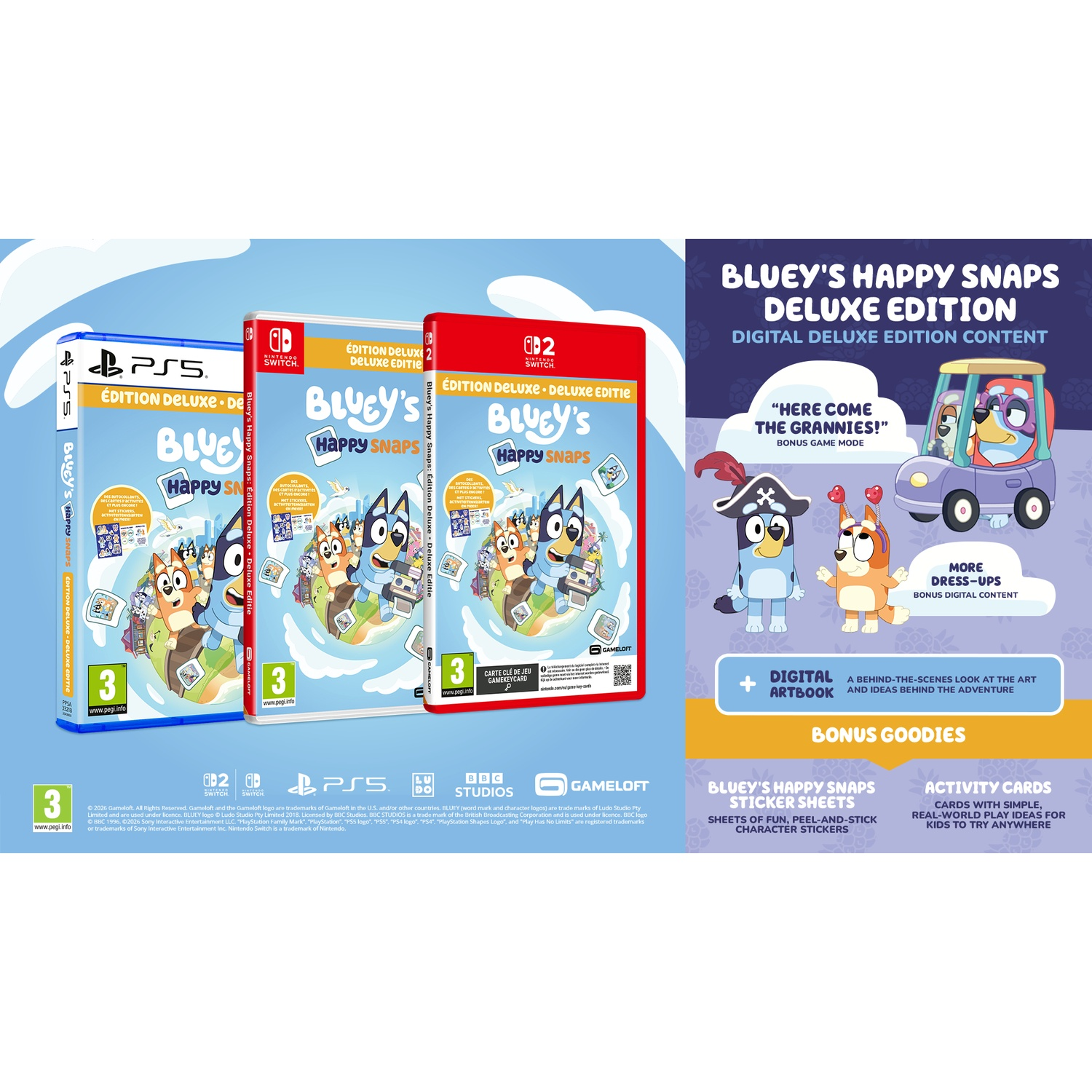 Bluey's Happy Snaps Deluxe Edition gamehoesjes en digitaal overzicht op een blauwe achtergrond.
