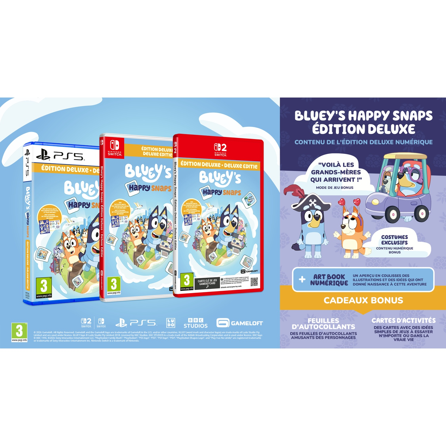 Édition Deluxe de Bluey's Happy Snaps pour PS5 et Nintendo Switch avec boîtes et bonus.