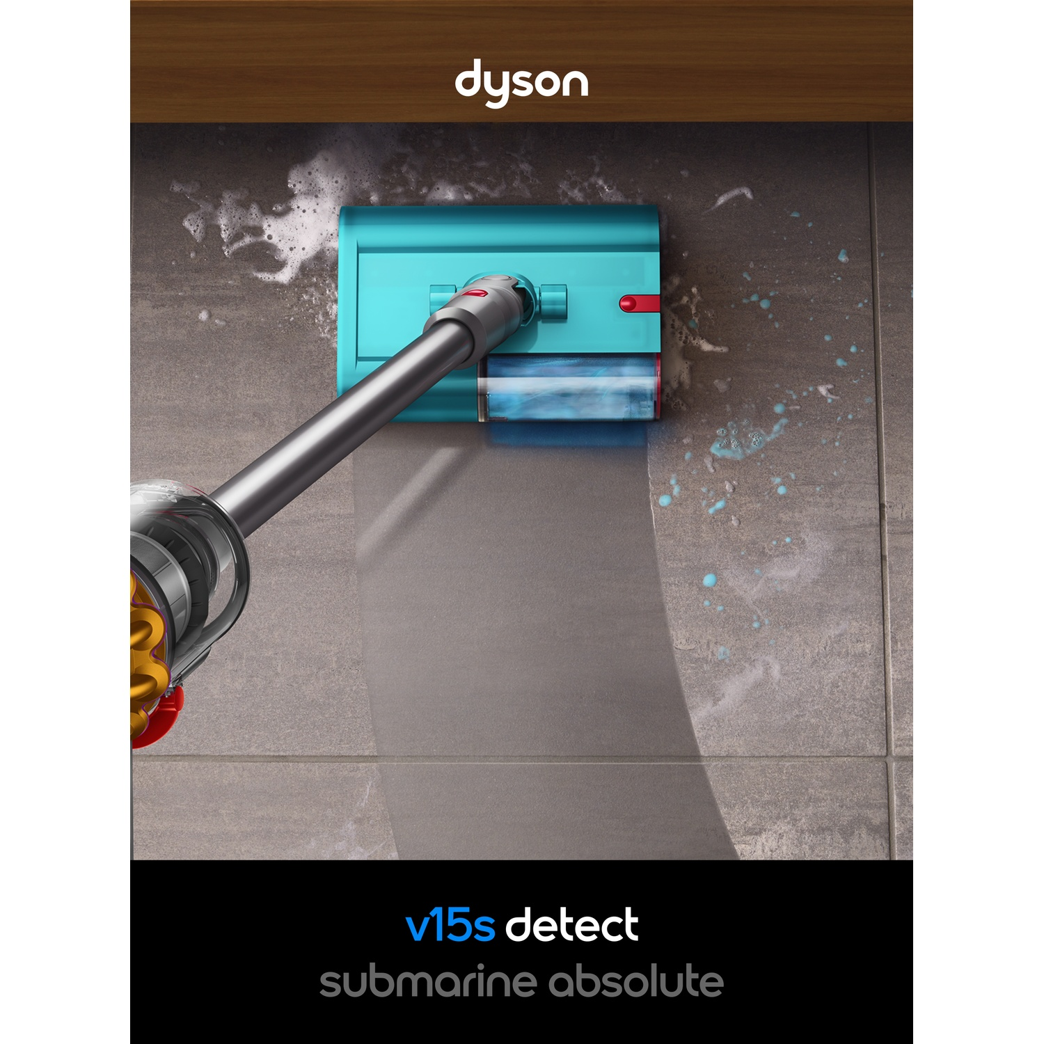 Une tête de lavage Dyson Submarine turquoise nettoie de l'eau savonneuse.