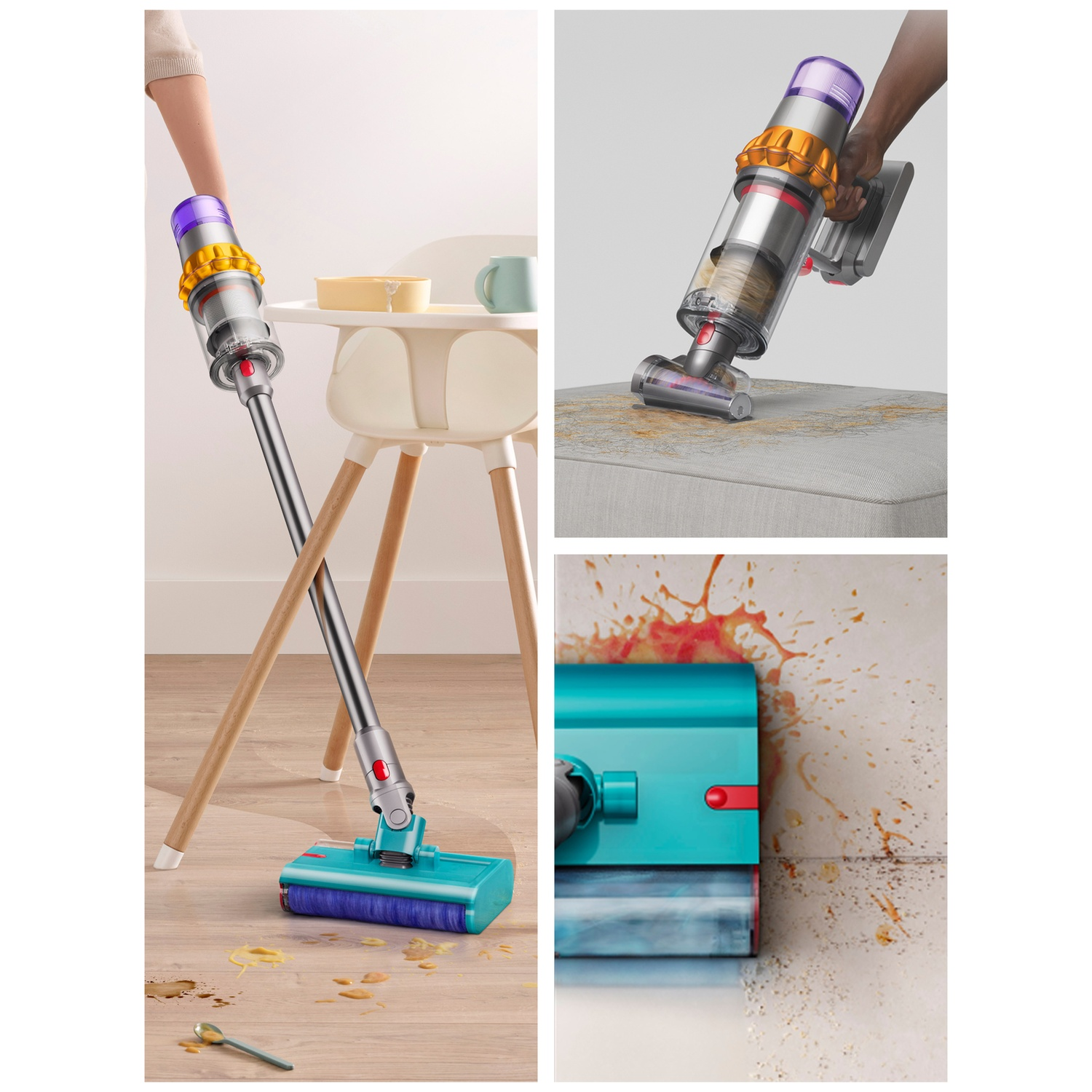 Trois images montrent un aspirateur sans fil nettoyant des taches sur plancher, tissu et carrelage.