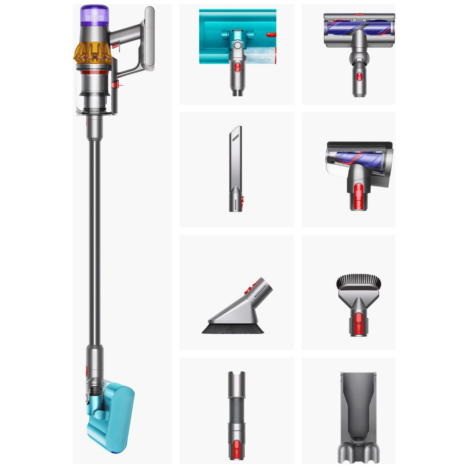 Aspirateur sans fil avec divers accessoires sur fond clair.