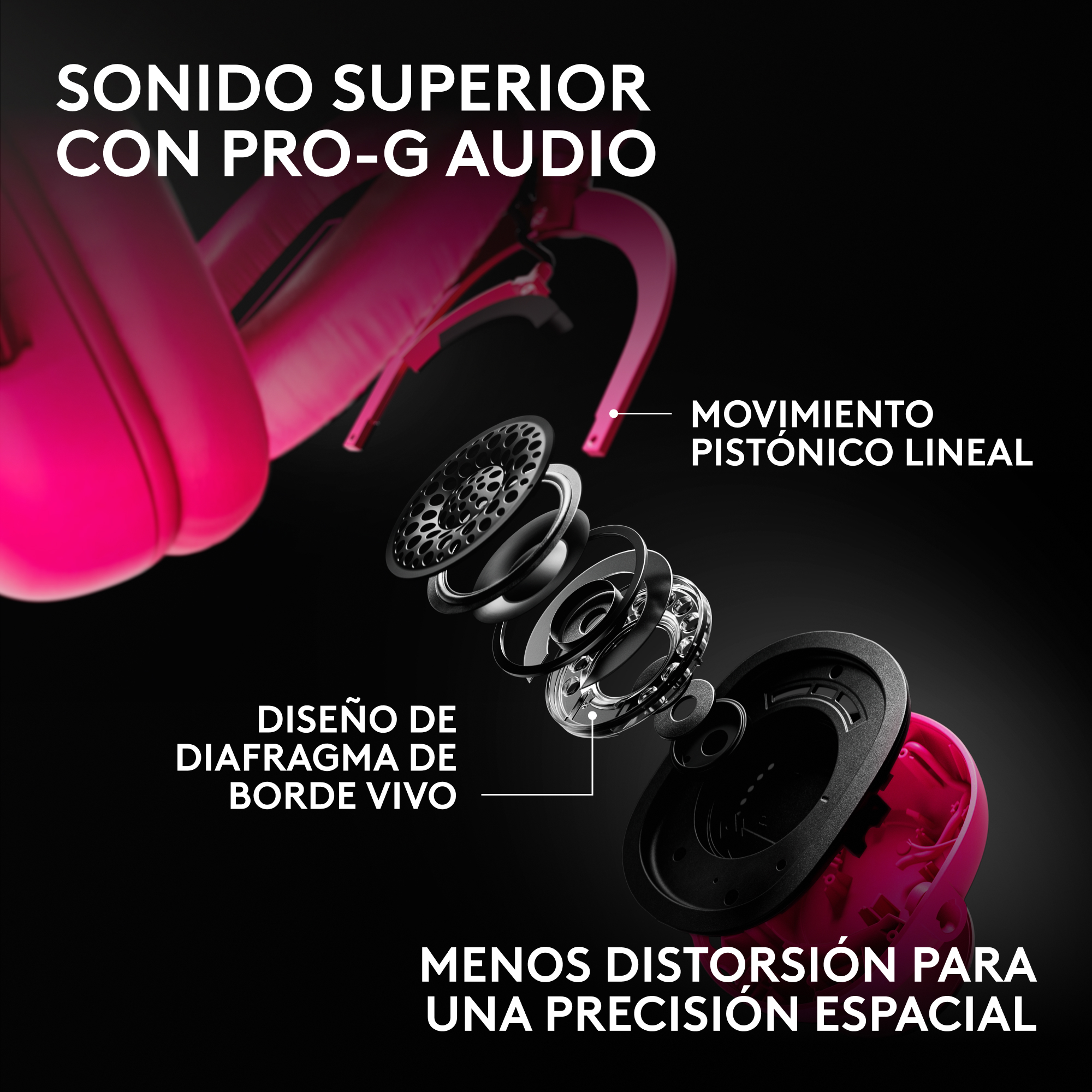 Sonido superior con pro-g audio, movimiento pistónico lineal, diseño de diafragma de borde vivo, menos distorsión para una precisión espacial