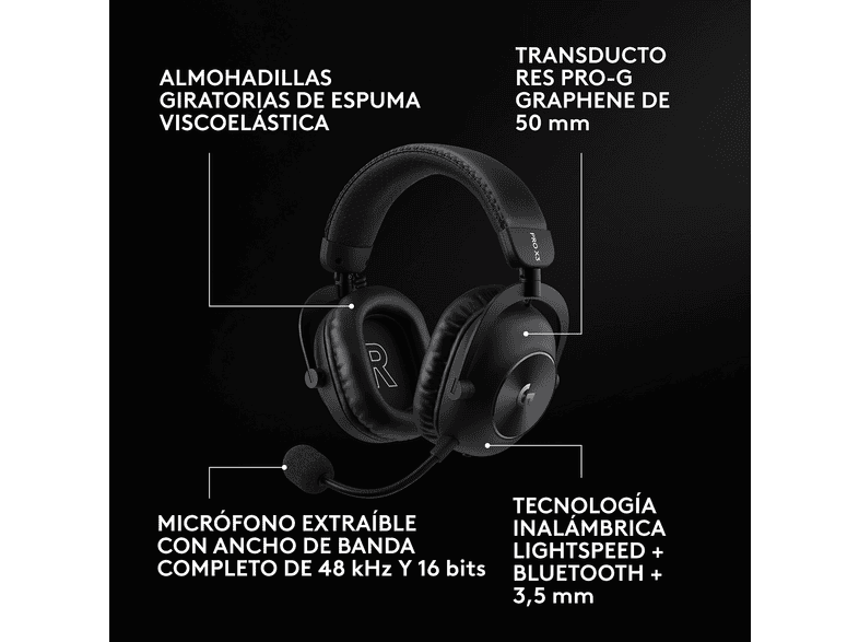 Auriculares gaming - Logitech G Pro X3 Lightspeed, Inalámbrico, BT-USB, Micrófono, Ecualizador, Personalizable, Transductores 50mm, PC-Mac, PS5, Negro