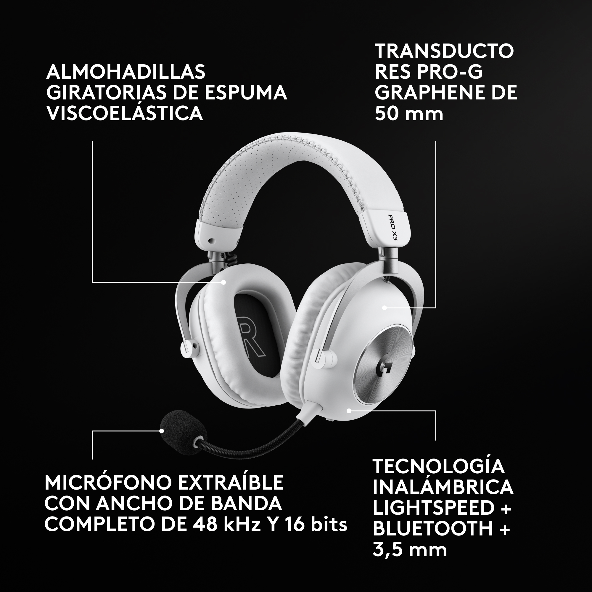Almohadillas giratorias de espuma viscoelástica, transductores pro-g graphene de 50 mm, micrófono extraíble con ancho de banda completo de 48 khz y 16 bits, tecnología inalámbrica lightspeed + bluetooth + 3,5 mm 