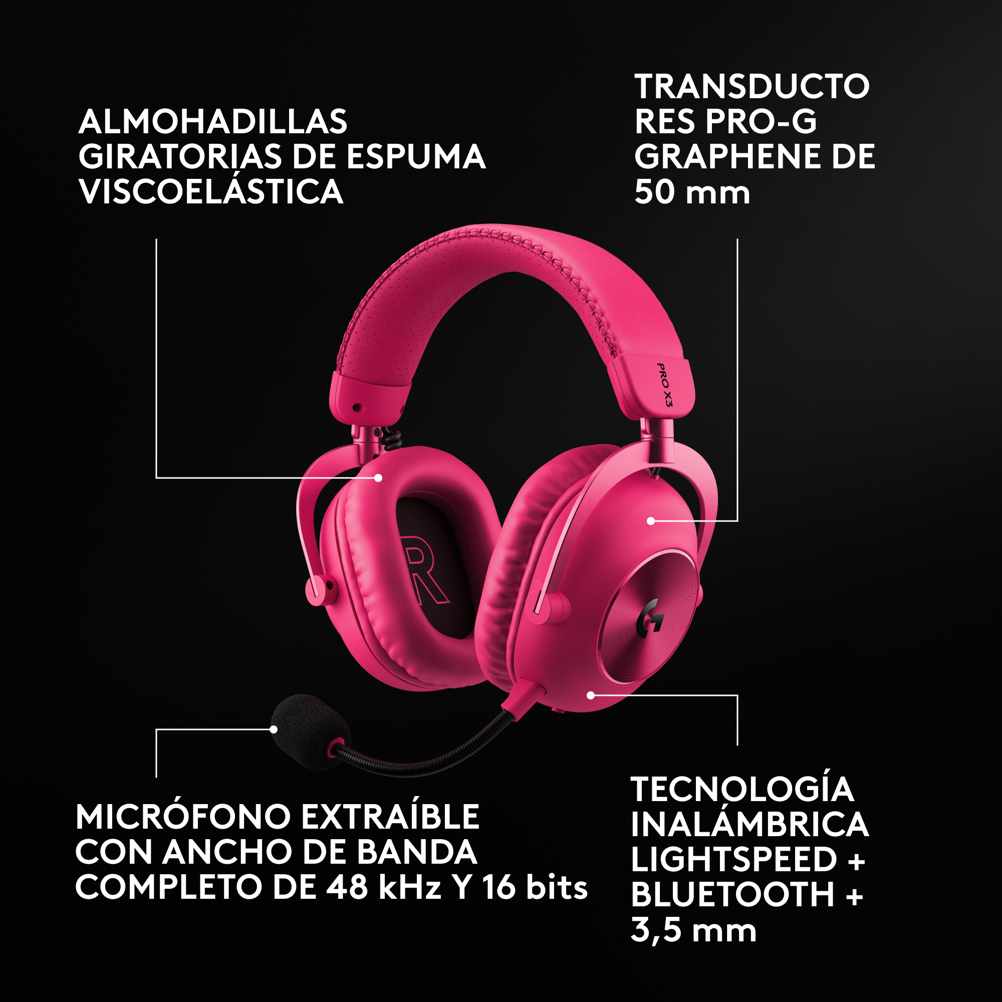 Almohadillas giratorias de espuma viscoelástica, transductores pro-g graphene de 50 mm, micrófono extraíble con ancho de banda completo de 48 khz y 16 bits, tecnología inalámbrica lightspeed + bluetooth + 3,5 mm