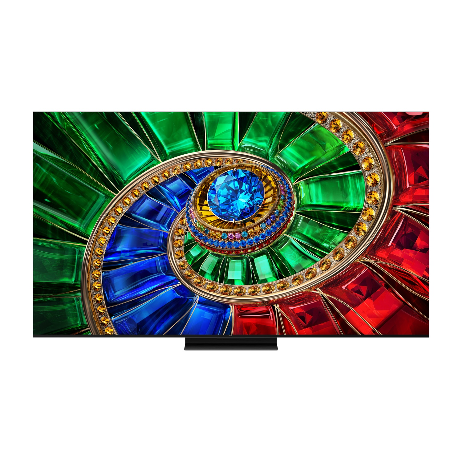 Un televisore mostra una colorata spirale di gemme rosse, verdi e blu con un grande gioiello blu al centro.