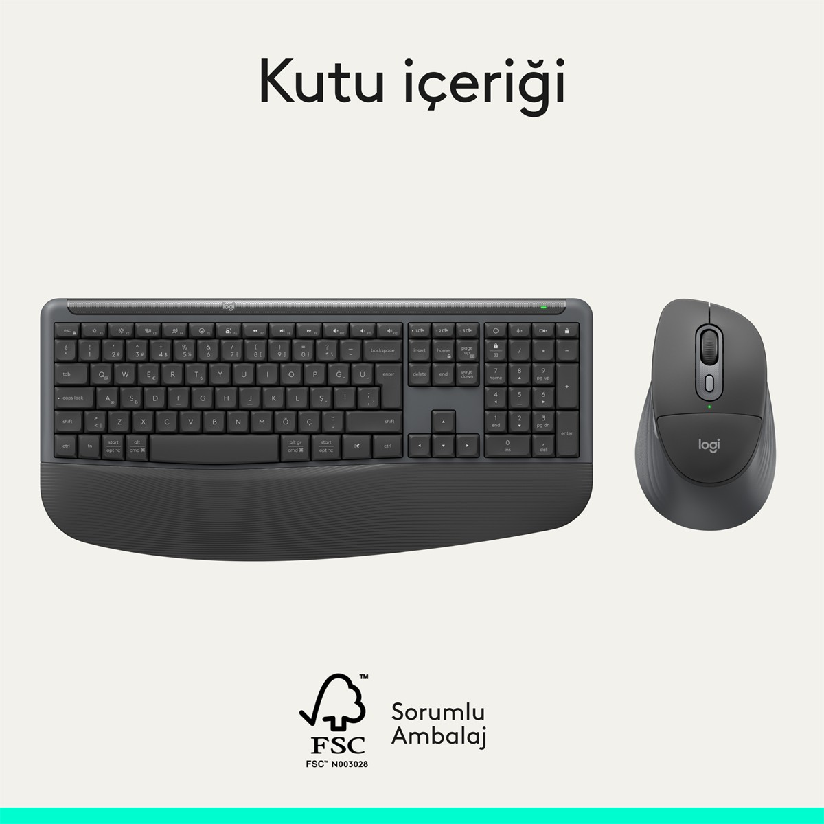 Açık arka planda avuç içi dayanaklı gri bir klavye ve uyumlu gri kablosuz fare.