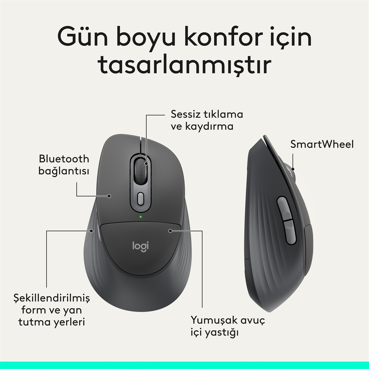 Bluetooth ve sessiz tıklama gibi özelliklere sahip gri renkli kablosuz Logitech fare.