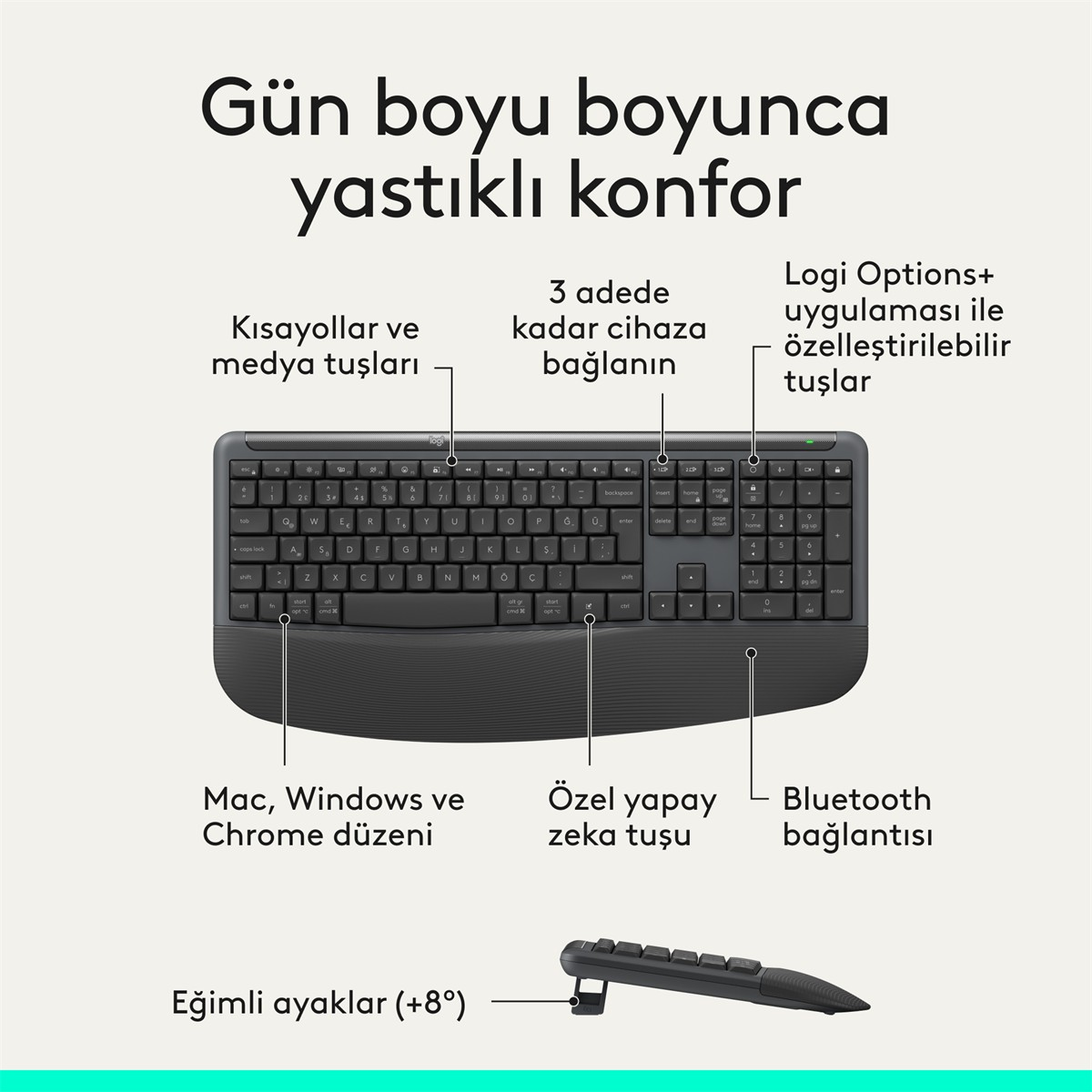 Bilek destekli gri kablosuz klavye ve üzerinde Türkçe özellik açıklamaları.
