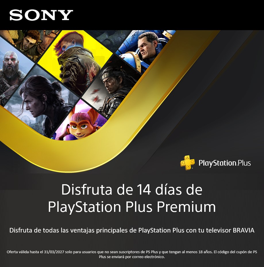Oferta de prueba de 14 días de Sony PlayStation Plus Premium con varias imágenes de juegos y aviso de TV Bravia.