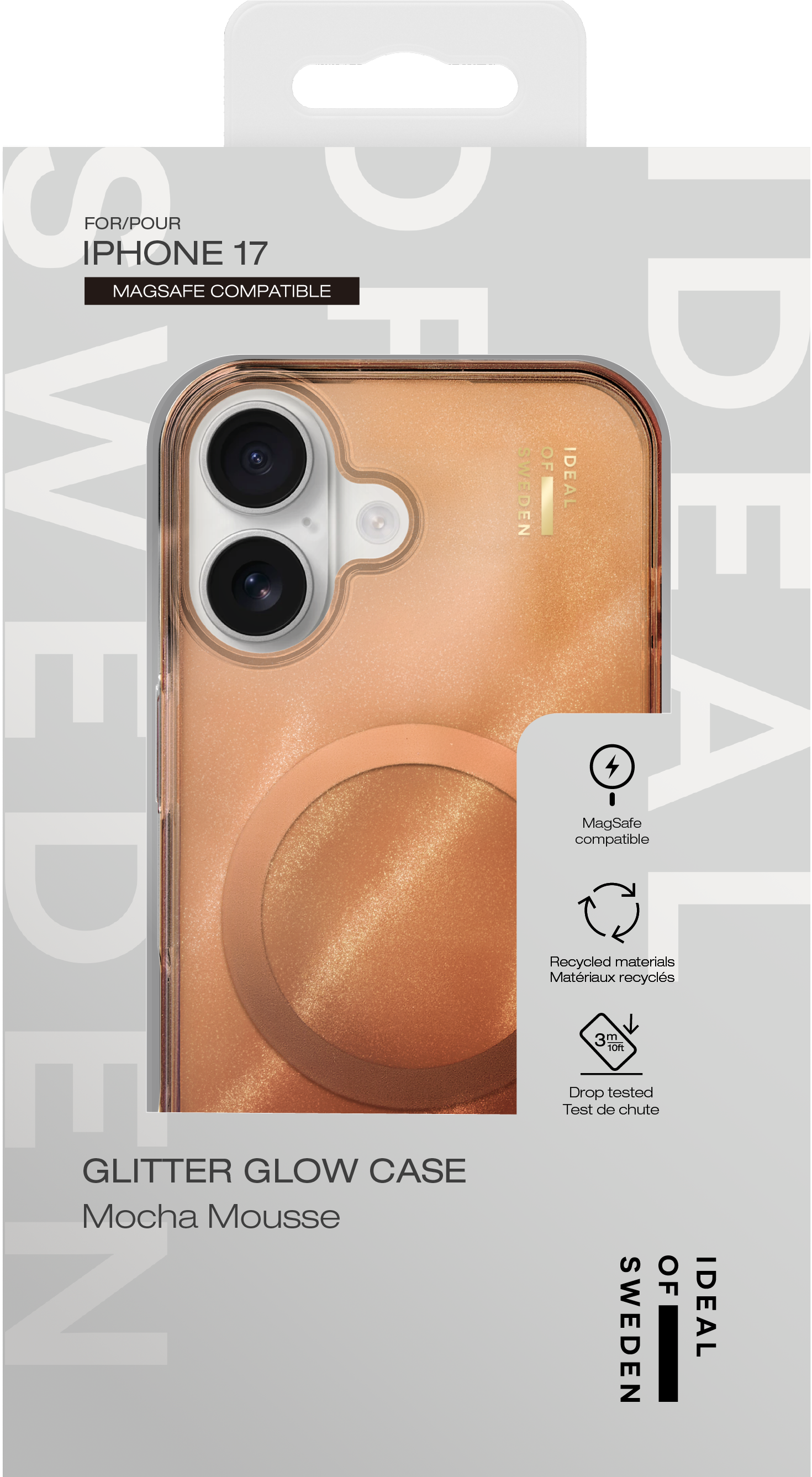 Verpackung für ein braunes Glitzer-Handycover mit zwei Kameras auf weißem Hintergrund.