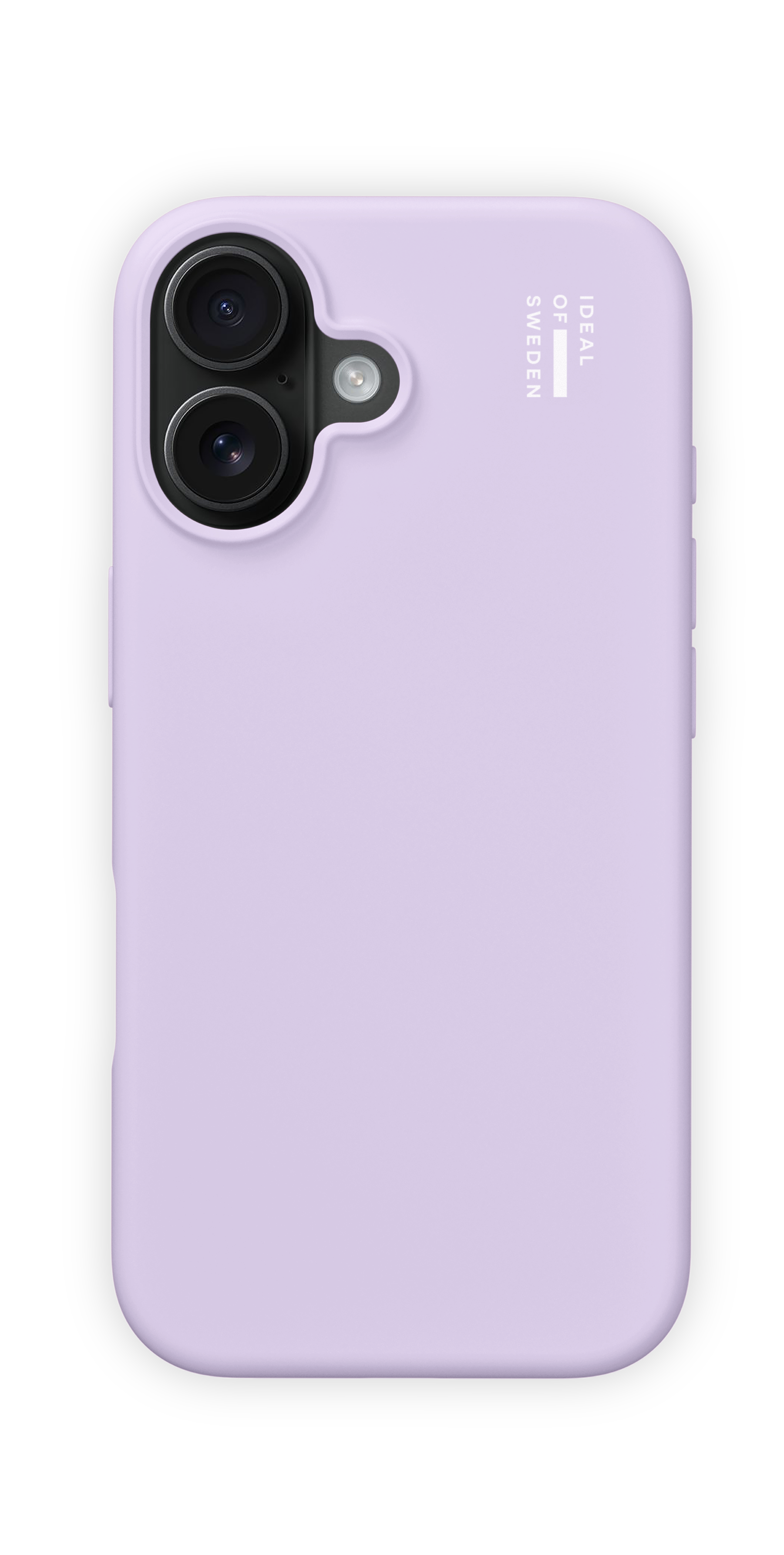 Eine pastellviolette Smartphone-Hülle mit zwei vertikalen Kameras und weißem Markentext auf schwarzem Hintergrund.