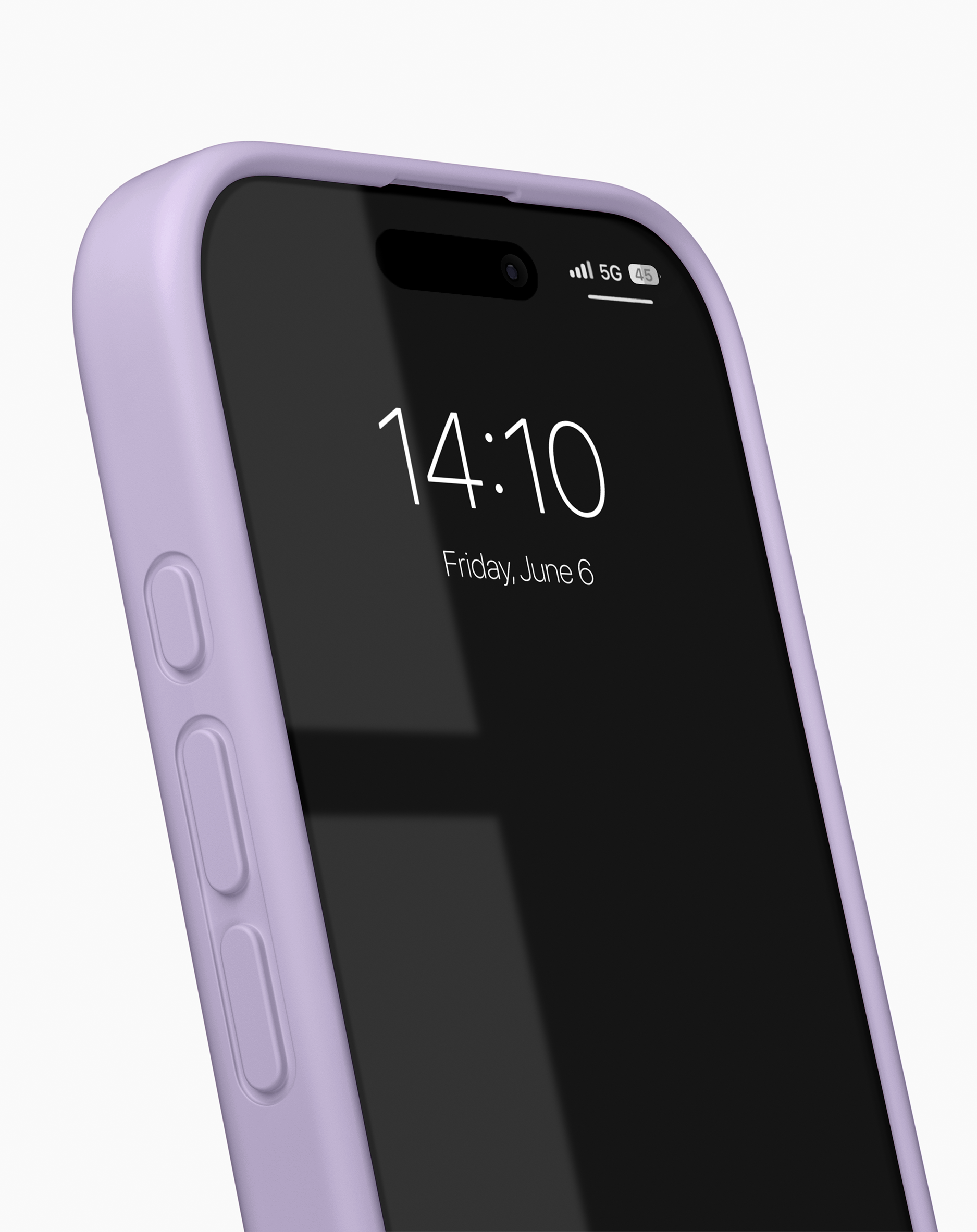 Ein lilafarbenes Smartphone in Nahaufnahme zeigt die Zeit und das Datum auf dem Bildschirm.