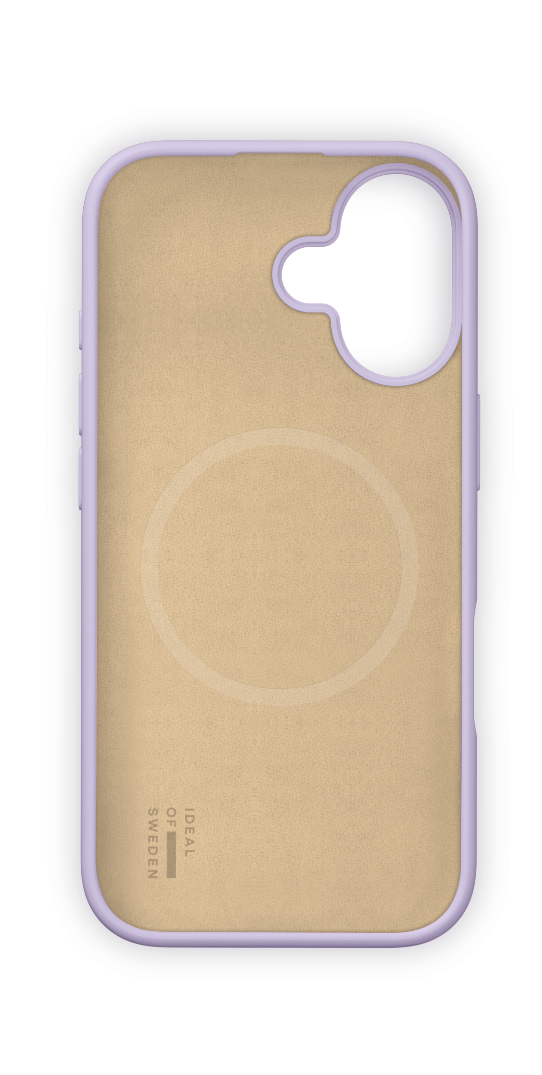 Eine pastellviolette Smartphone-Hülle mit beiger Innenfläche und integriertem Magnetring.