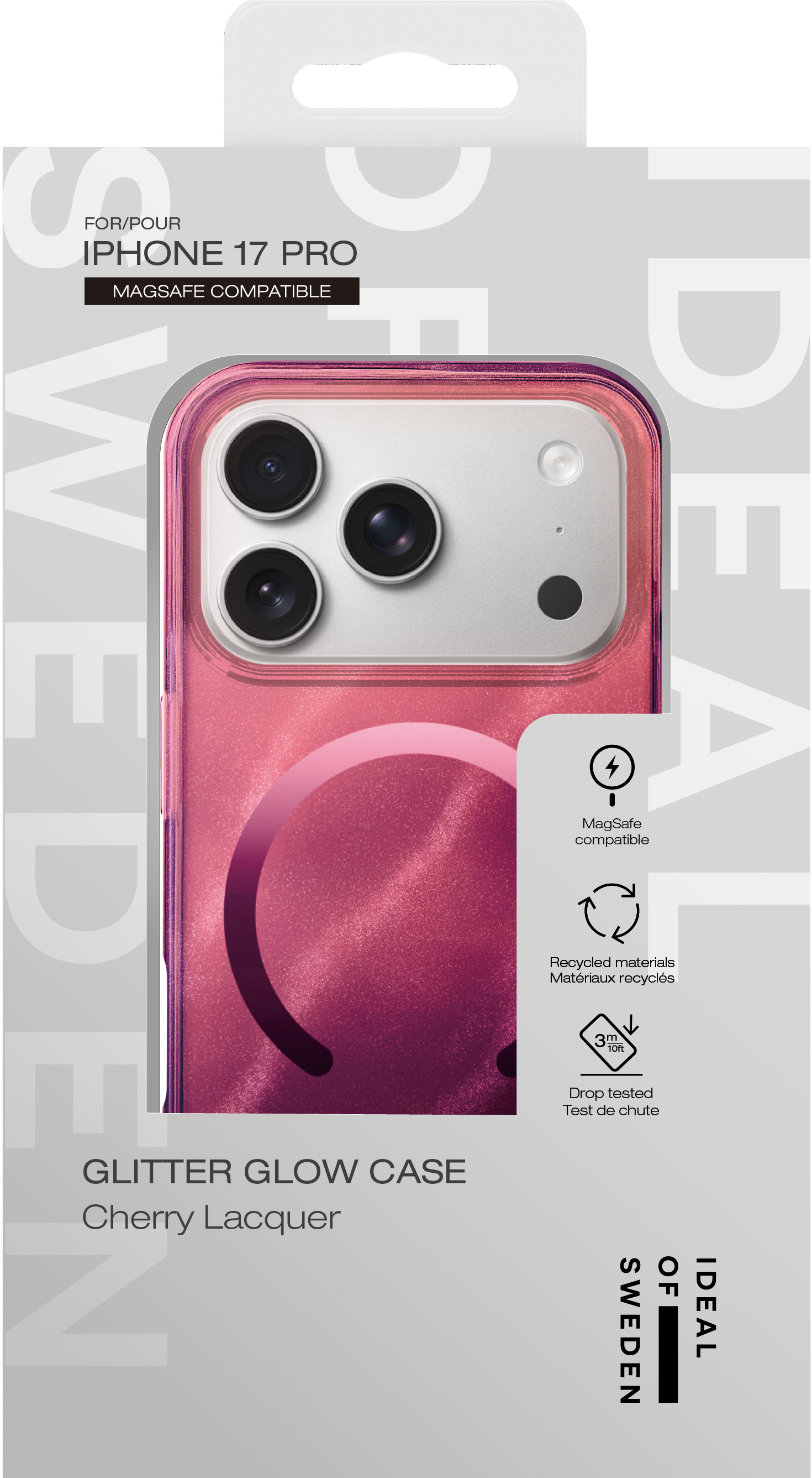 Verpackung für iPhone 17 Pro Glitzer-Hülle in Kirschlack, zeigt die glitzernde rosafarbene Rückseite der Hülle.