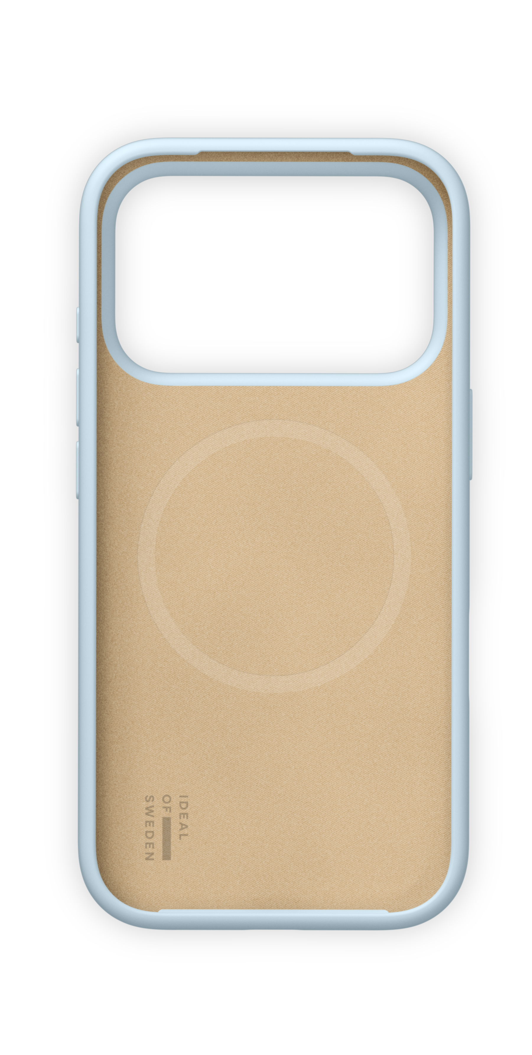 Innenansicht einer hellblauen Handyhülle mit beige Innenseite und MagSafe-Ring.