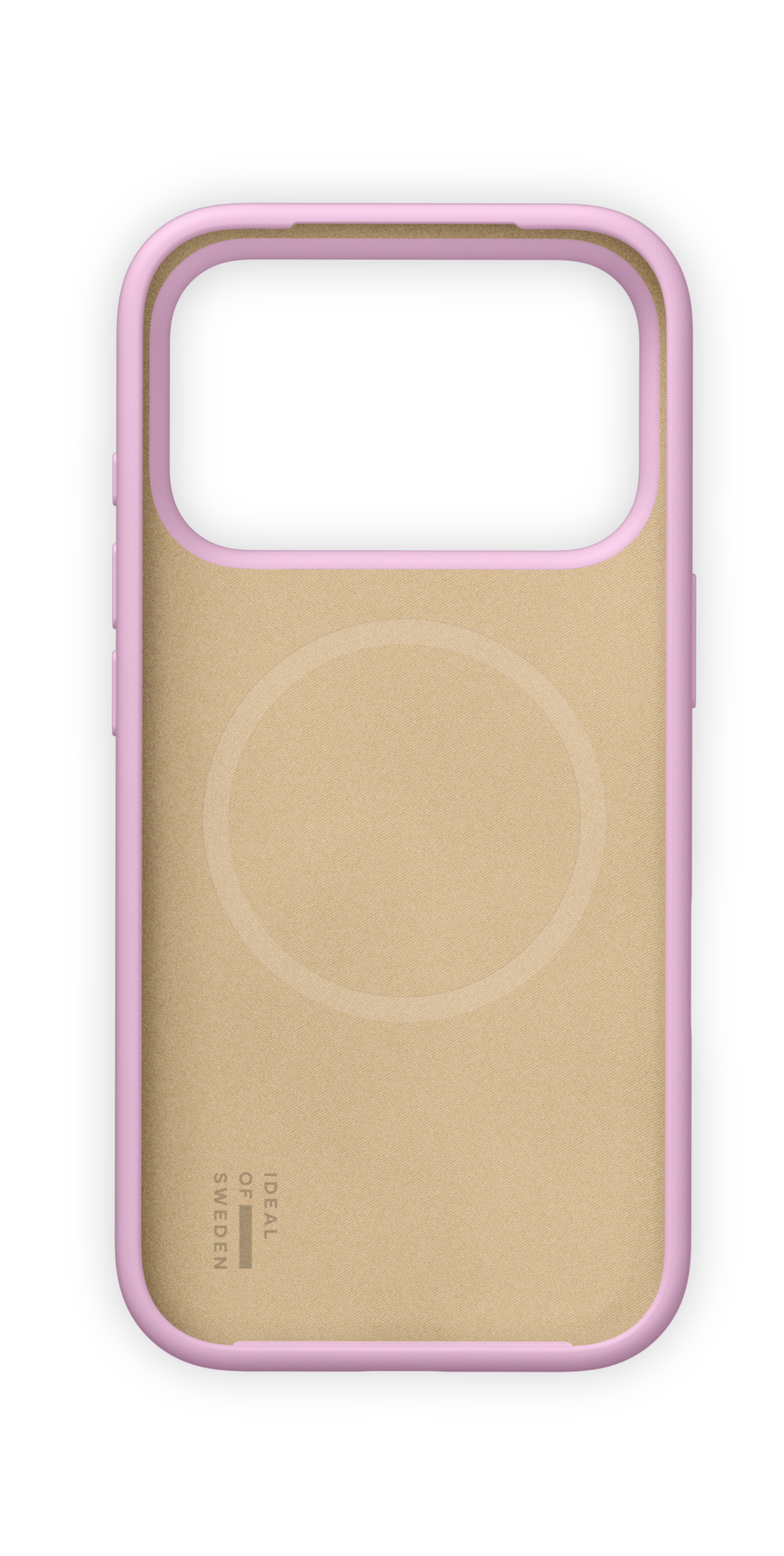 Innenseite einer rosa Handyhülle mit beige Futter und kreisförmigem Magnetring.