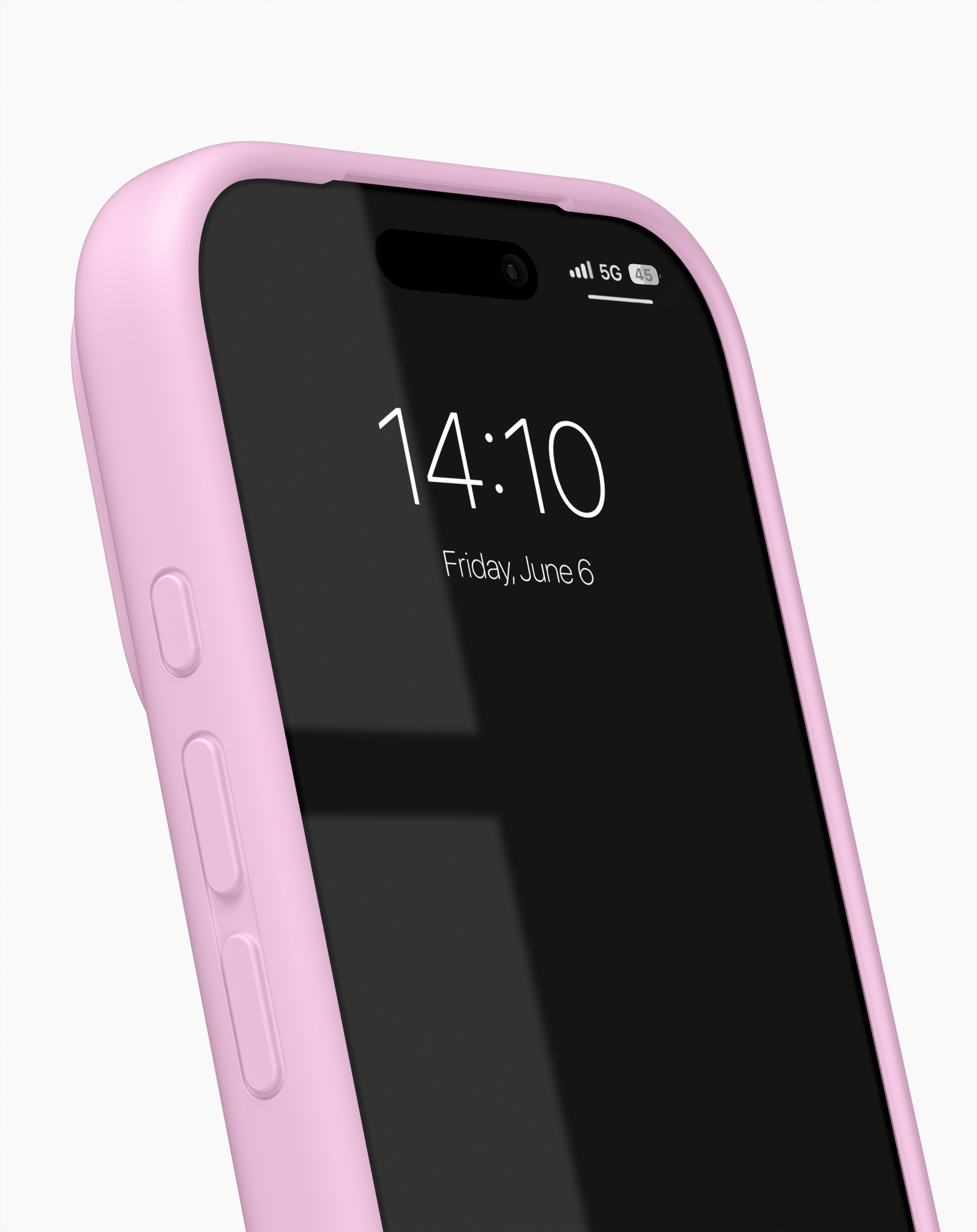 Ein Smartphone mit rosafarbener Hülle, schwarzem Bildschirm zeigt 14:10 Uhr und Freitag, 6. Juni vor weißem Hintergrund.