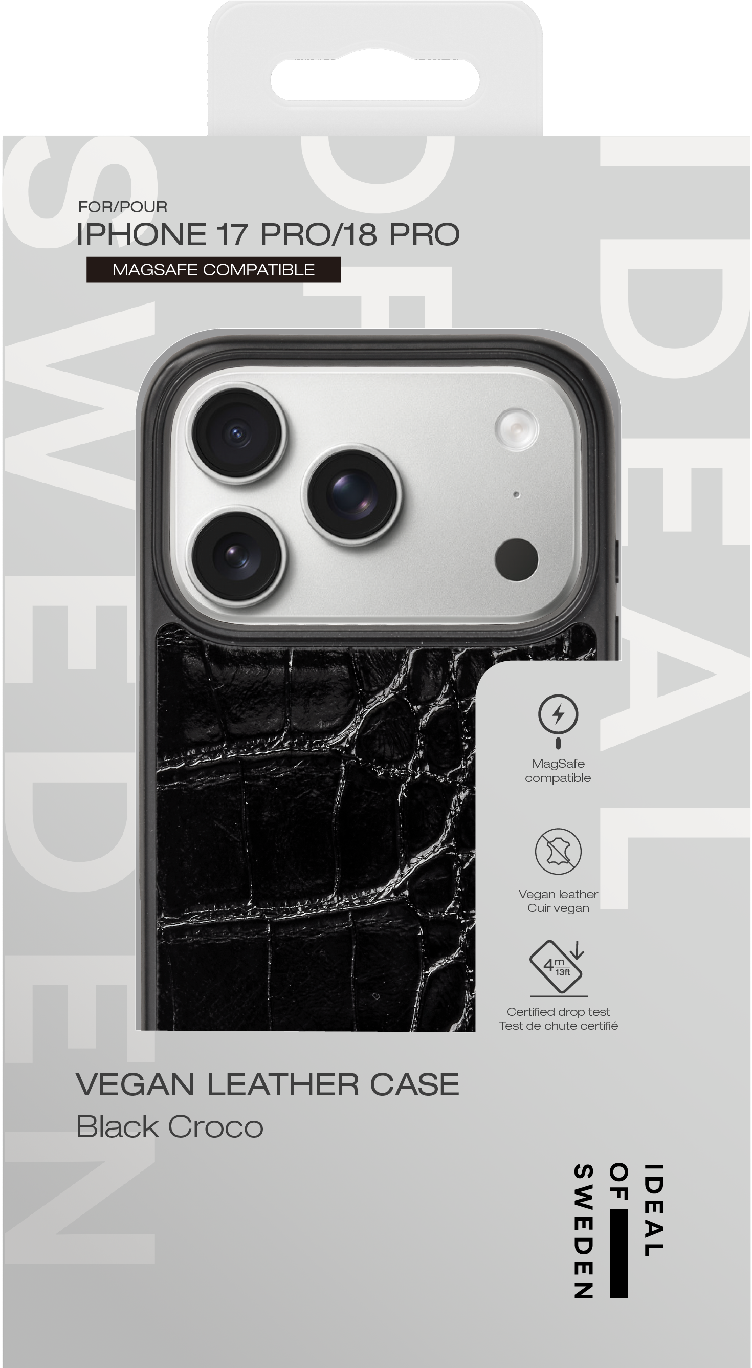 Verpackung einer schwarzen veganen Kroko-Leder-Handyhülle für iPhone 17 Pro/18 Pro.