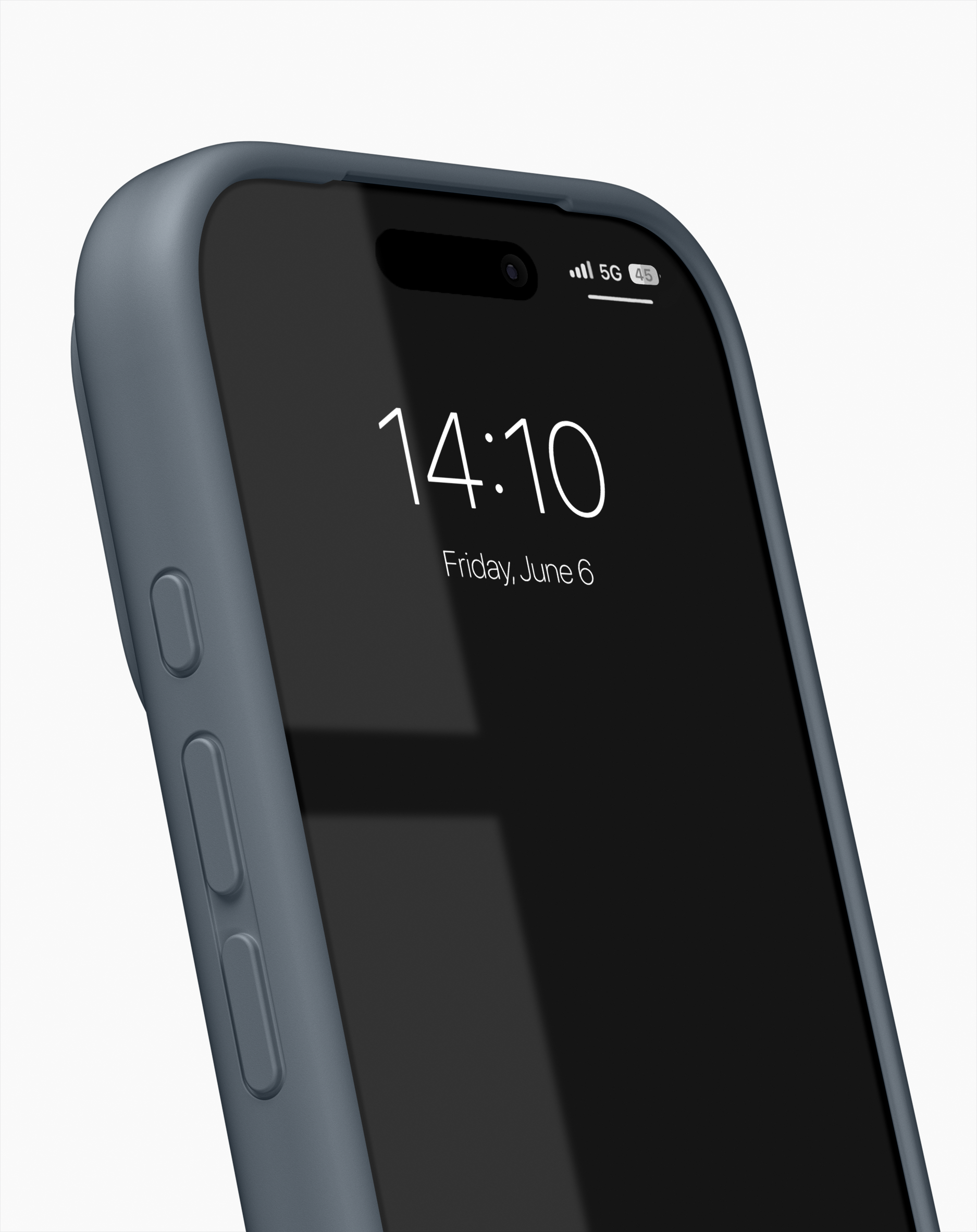 Graues Smartphone mit Schutzhülle und Display, das 14:10 Uhr und Freitag, 6. Juni anzeigt, vor weißem Hintergrund.