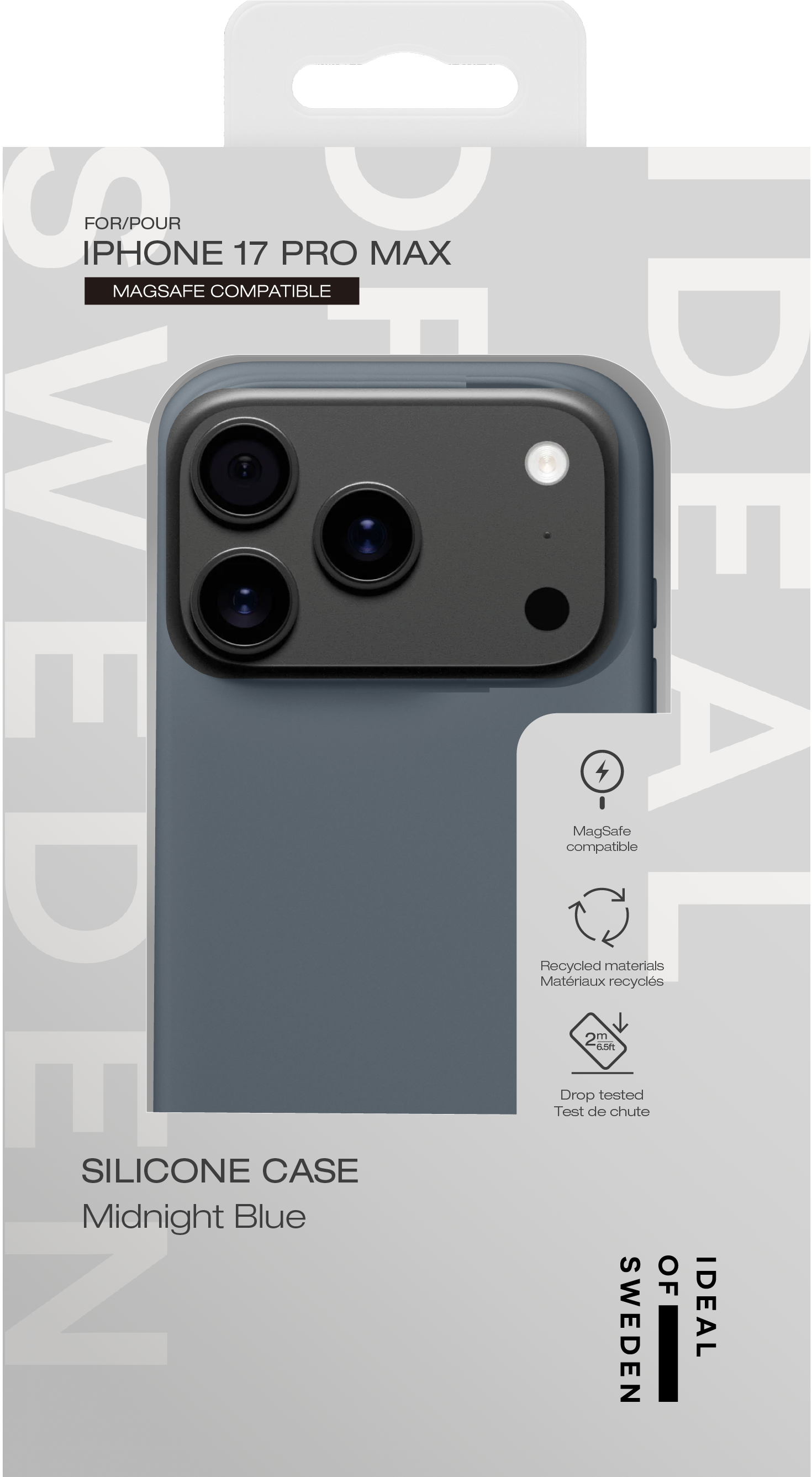 Verpackung für ein blaues iPhone 17 Pro Max Silikon-Handycase.
