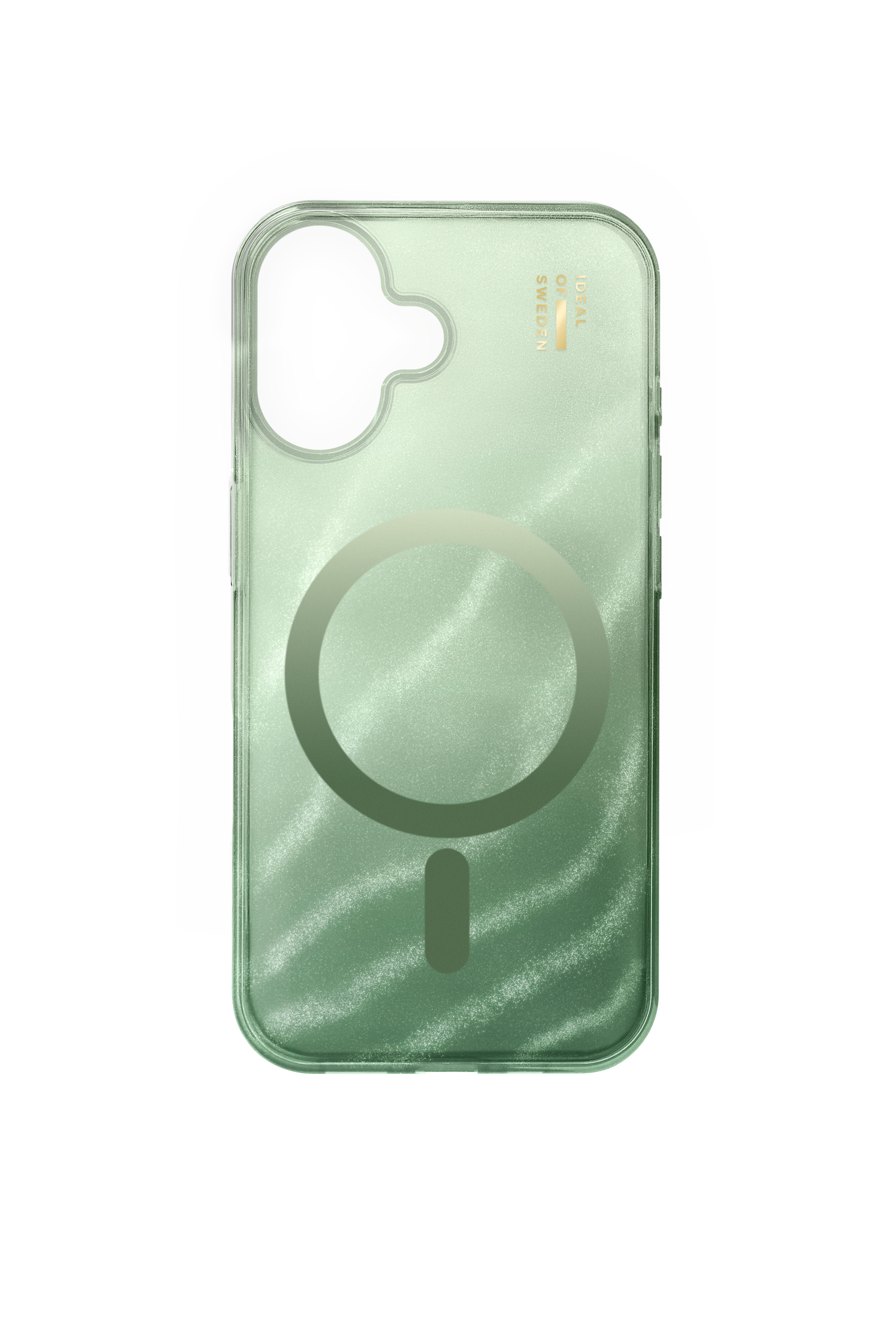 Grüne glitzernde Handyhülle mit MagSafe-Ring und Kameraaussparung.