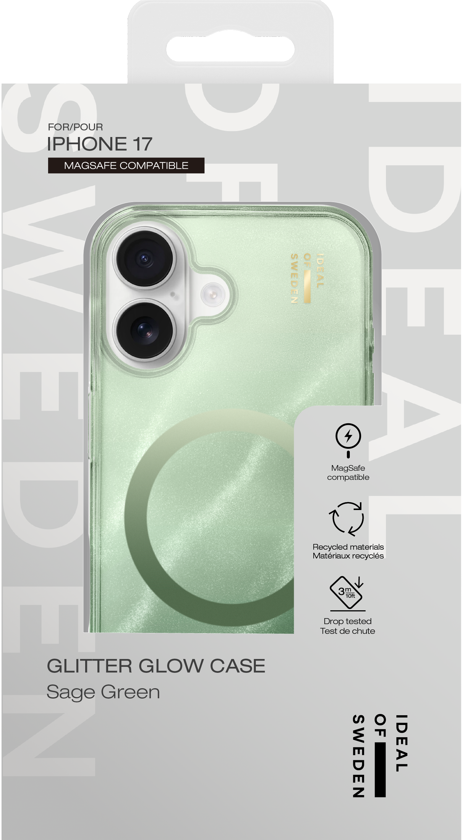 Verpackung für eine salbeifarbene Glitzer-Schutzhülle, kompatibel mit iPhone 17 und MagSafe.