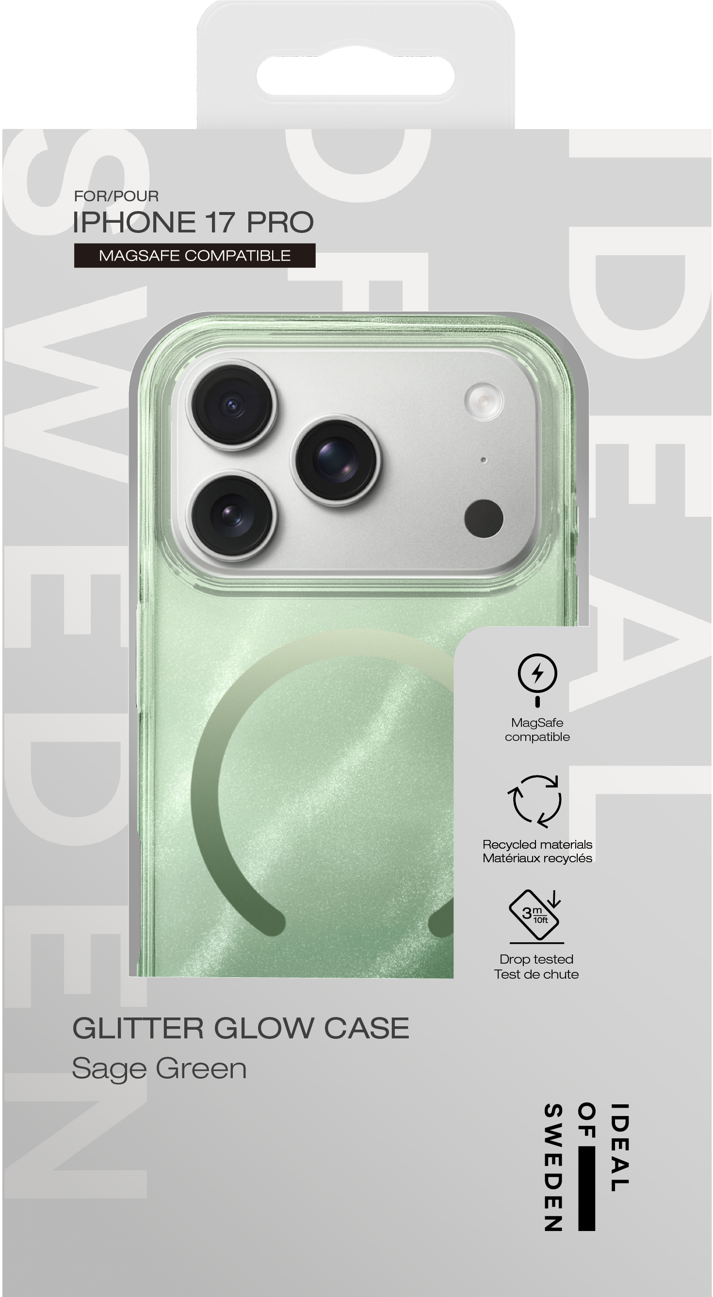 Glitzernde salbeigrüne MagSafe-Handyhülle für iPhone 17 Pro in Verpackung mit Produktinfos.
