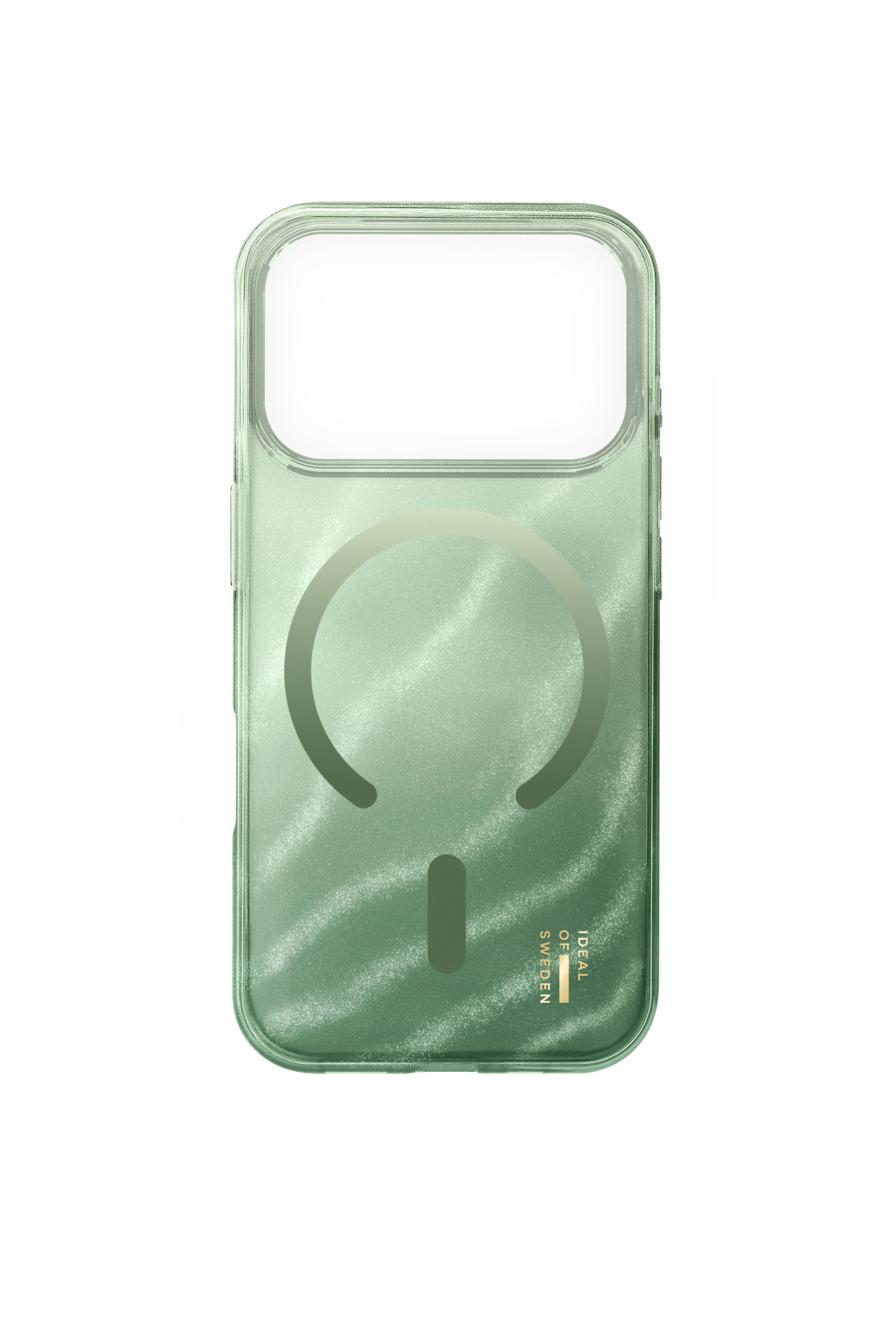 Ein glänzender, grüner Smartphone-Hülle mit MagSafe-Ring und goldener Aufschrift auf schwarzem Hintergrund.