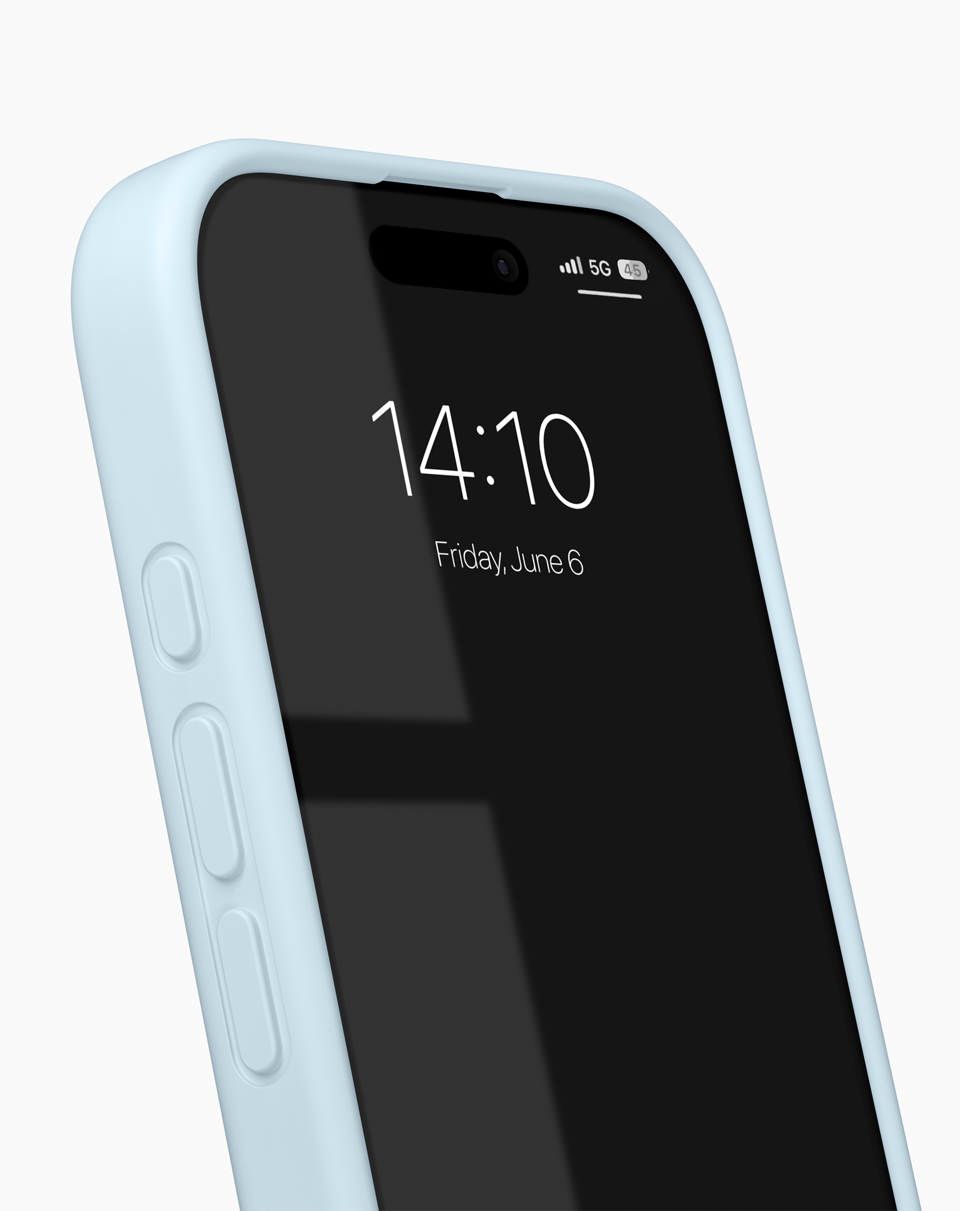 Ein Smartphone mit hellblauer Hülle zeigt die Uhrzeit 14:10 und das Datum Freitag, 6. Juni auf dem Display.