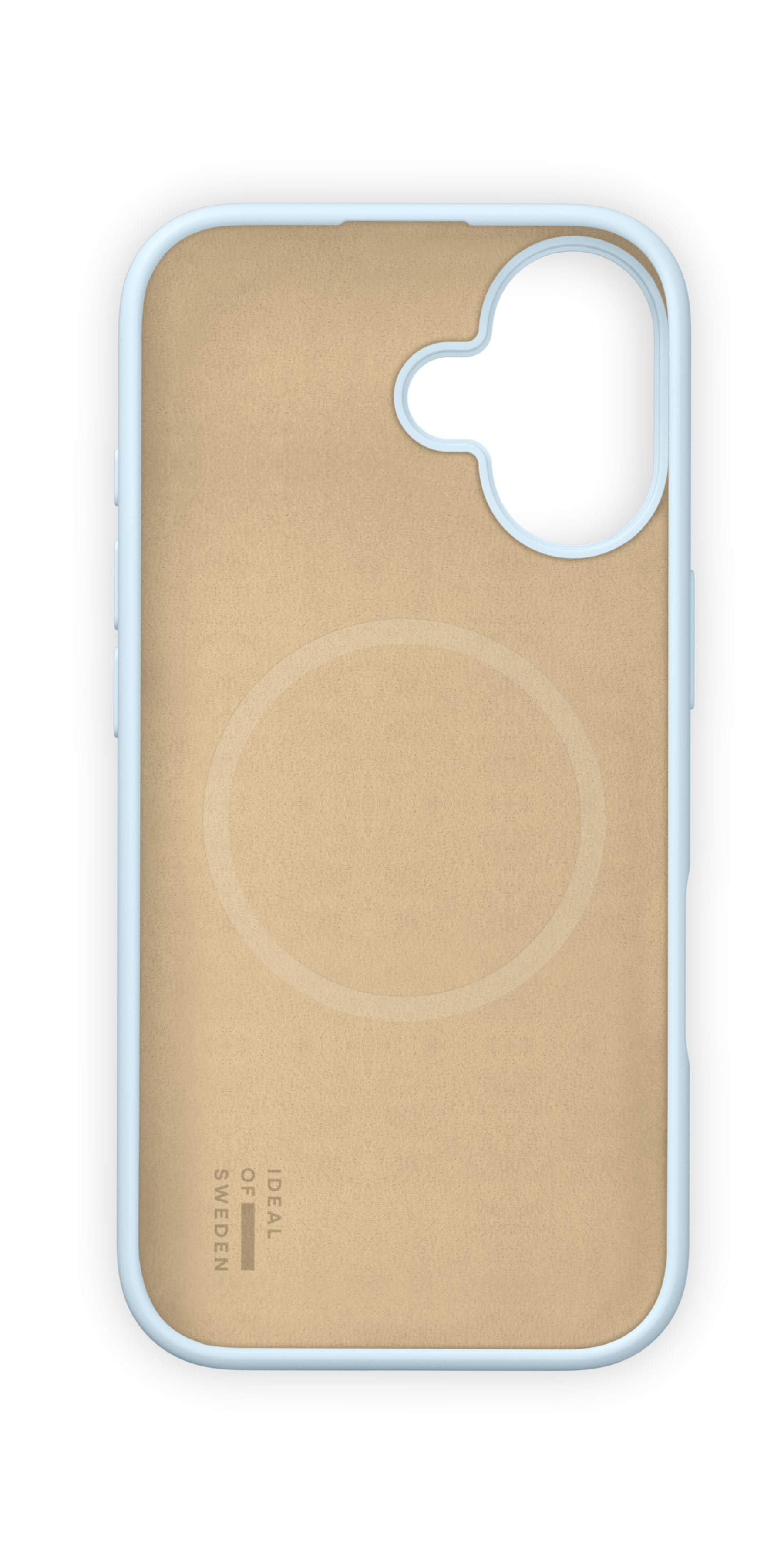 Beige Handyhülle mit hellblauen Kanten und runder Aussparung auf schwarzem Hintergrund.