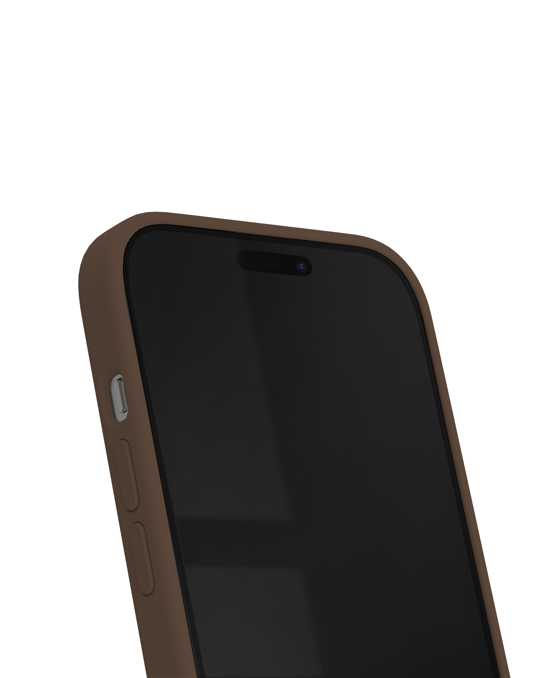 Ein Smartphone mit brauner Hülle und schwarzem Bildschirm vor dunklem Hintergrund.