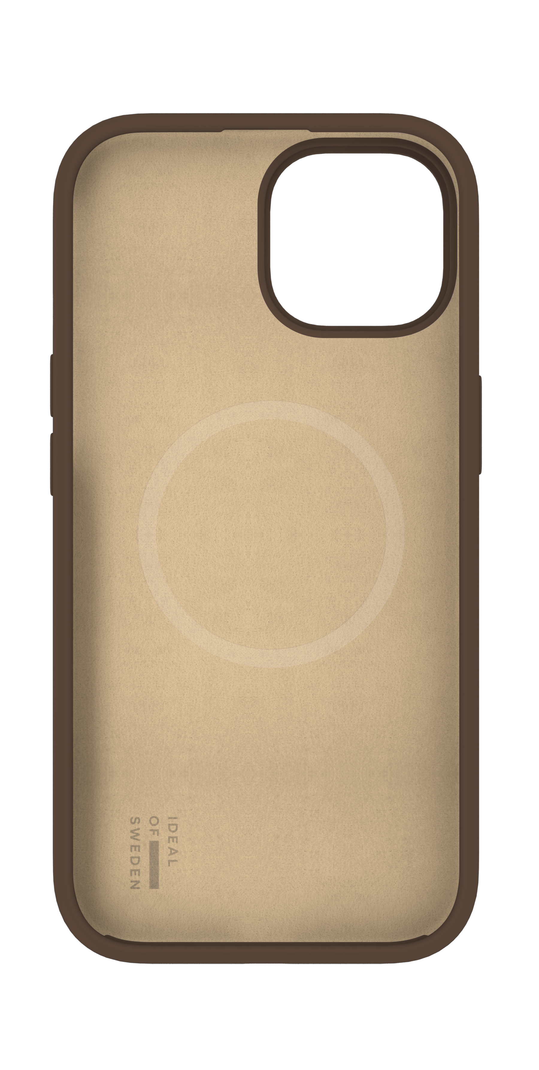 Ein beiger, samtartiger iPhone-Hülle mit MagSafe-Ring und dunkelbraunem Rand auf schwarzem Hintergrund.