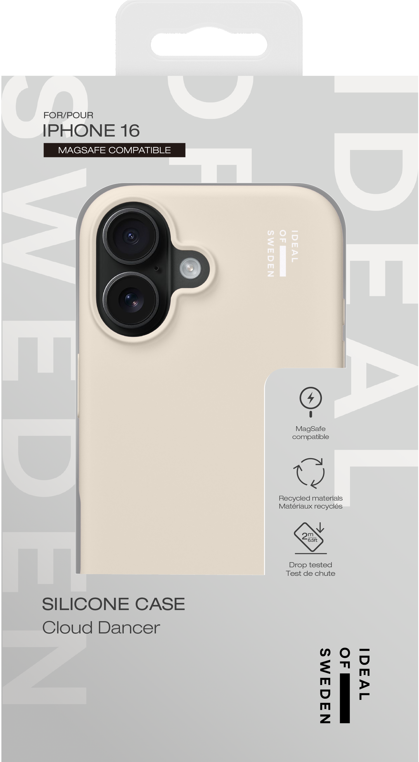 Beige iPhone 16 Silikonhülle in Verpackung, beschriftet mit Ideal of Sweden Cloud Dancer.