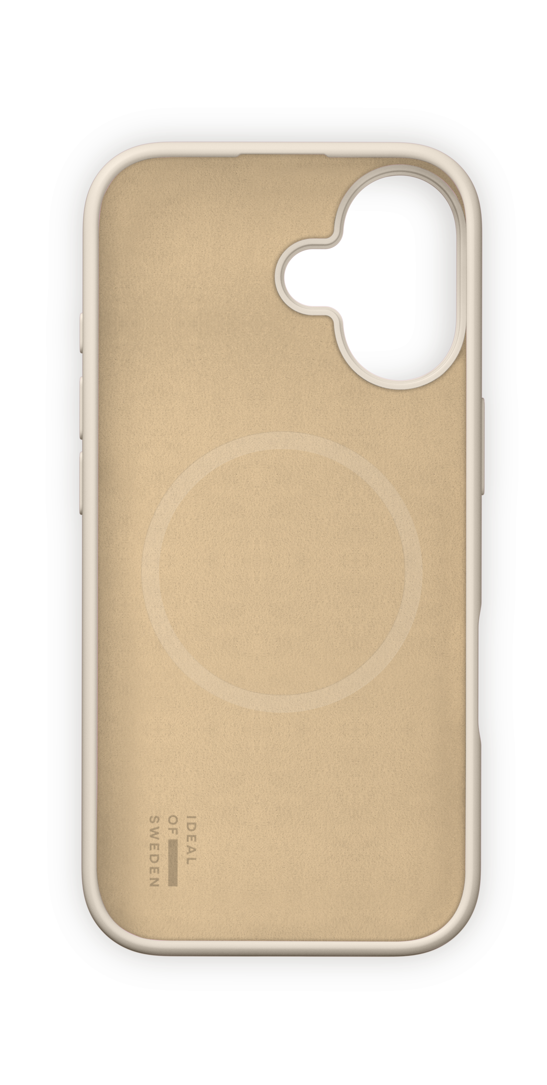 Beigefarbene Handyhülle mit Kameraausschnitt und MagSafe-Ring auf schwarzem Hintergrund.