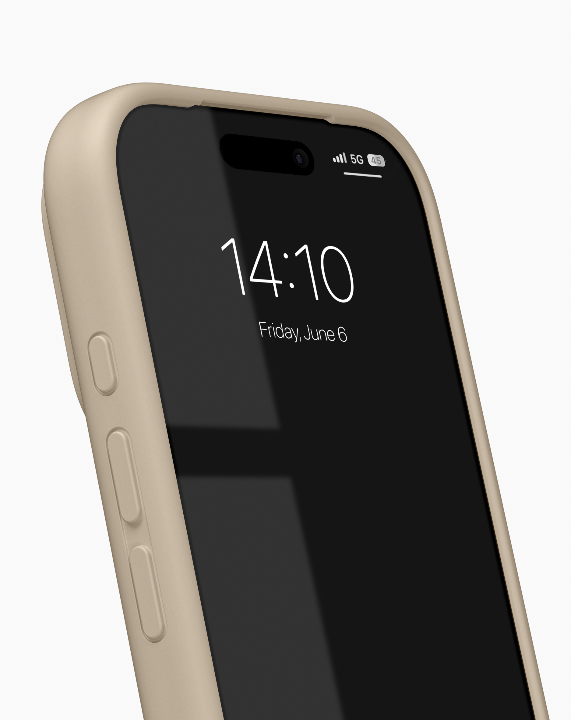 Ein Smartphone in einer beigen Hülle zeigt das Datum Freitag, 6. Juni, und die Uhrzeit 14:10.
