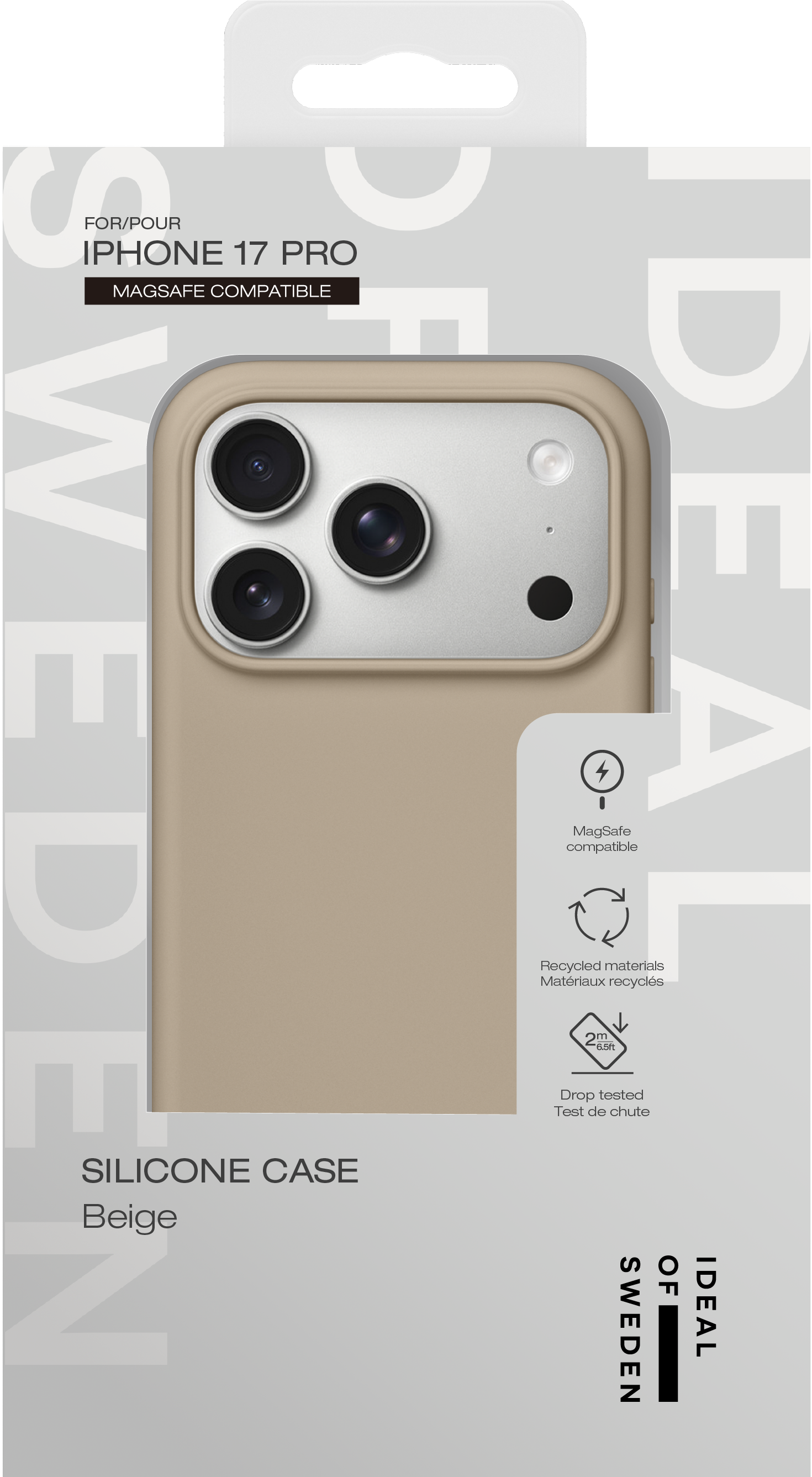 Beige iPhone 17 Pro Silikonhülle in Verpackung mit Magsafe und Recycling-Symbolen.