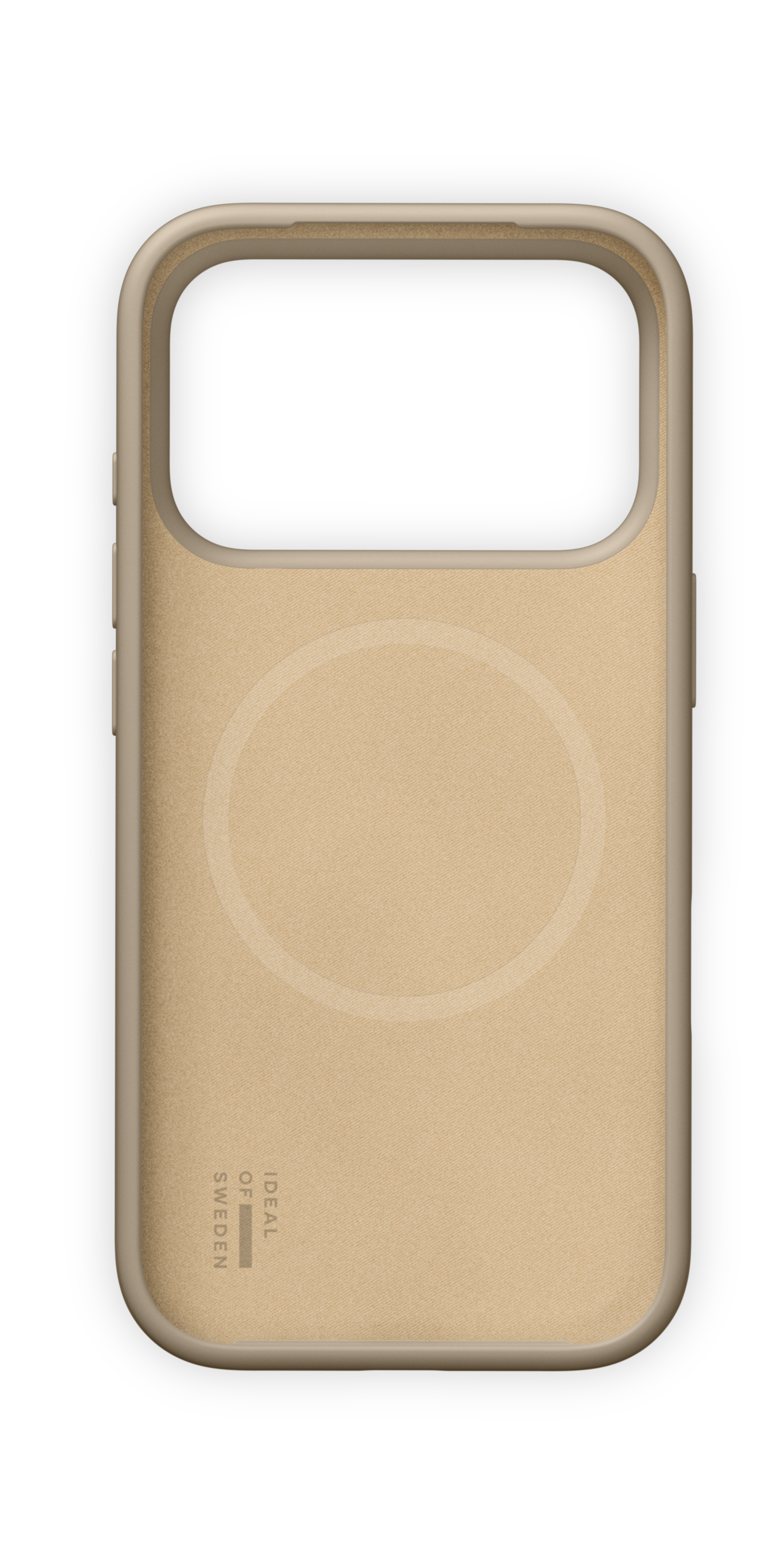 Eine beige Handyhülle mit integriertem MagSafe-Ring und dem Schriftzug IDEAL OF SWEDEN.