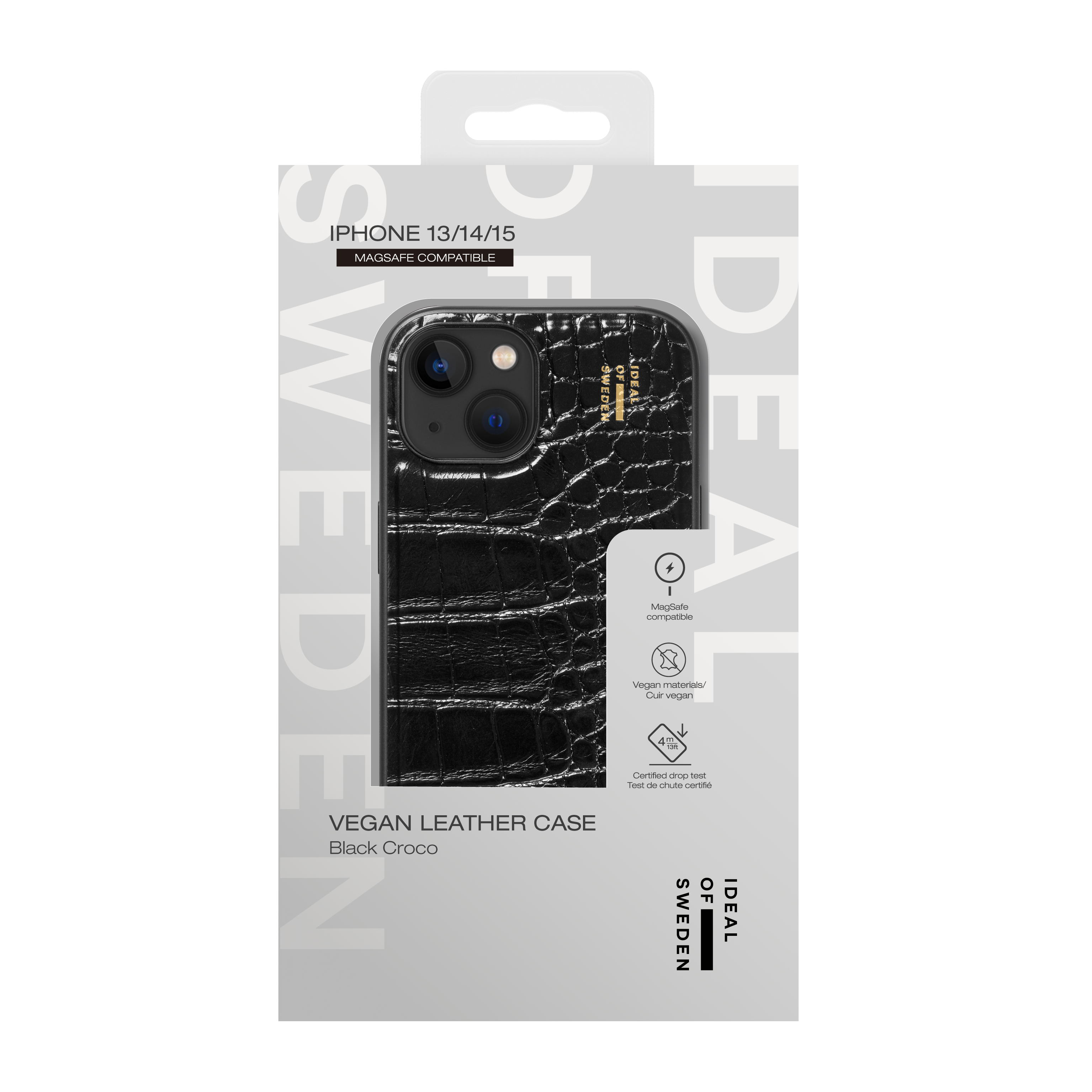 Schwarze Krokodil-Optik iPhone-Hülle in weißer Verpackung von Ideal of Sweden.