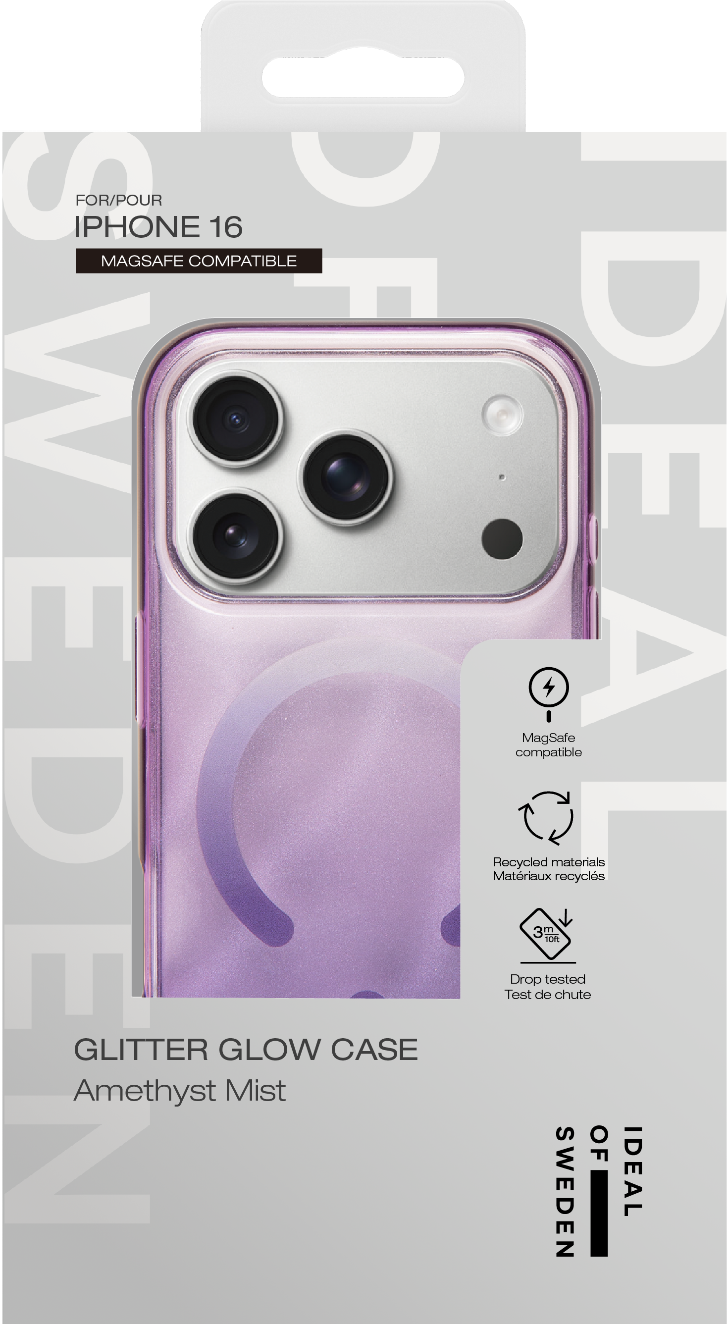 Verpackung der lila Glitzer-Schutzhülle für das iPhone 16 mit MagSafe von Ideal of Sweden.