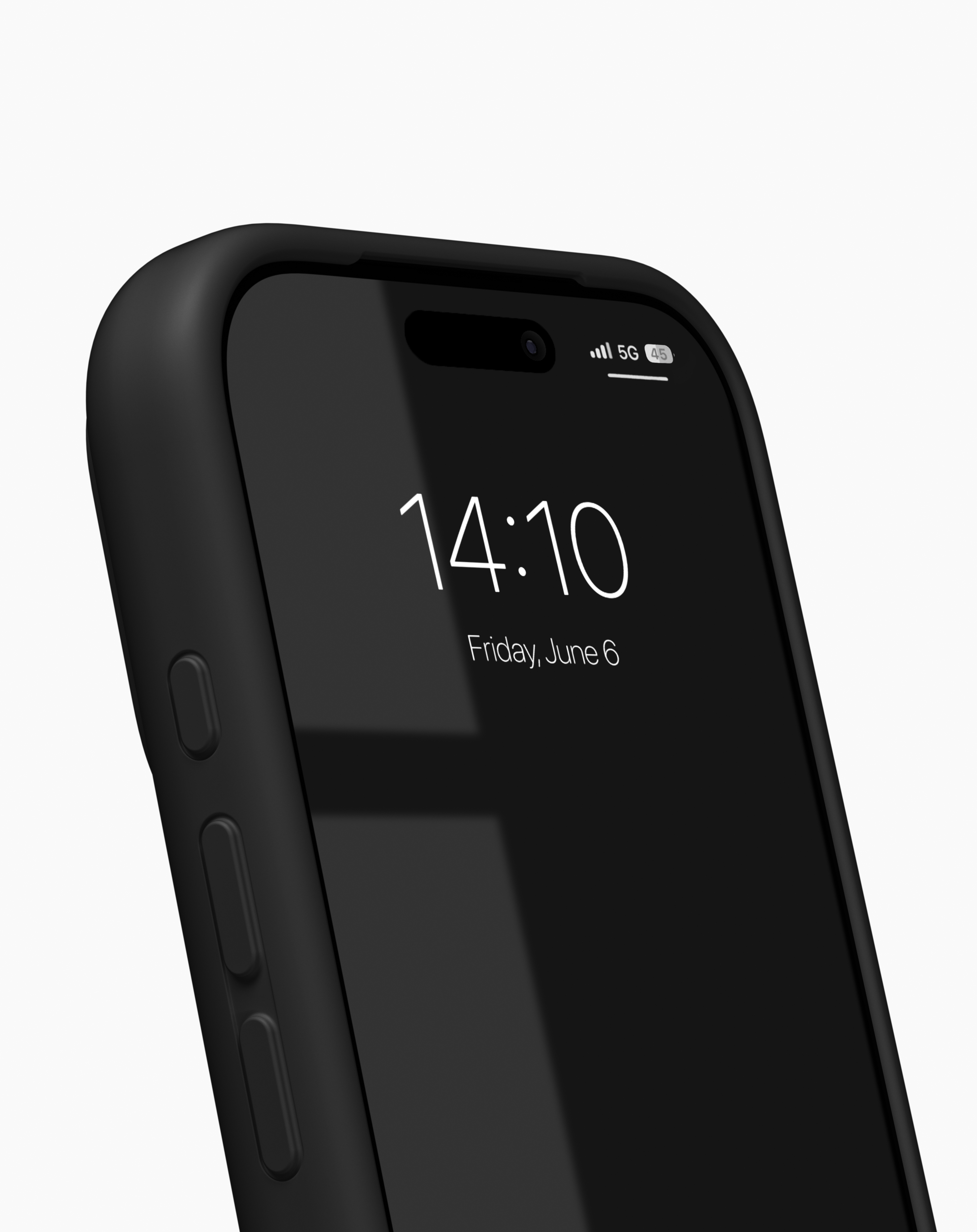 Ein schwarzes Smartphone mit Schutzhülle zeigt die Uhrzeit 14:10 und das Datum Freitag, 6. Juni.