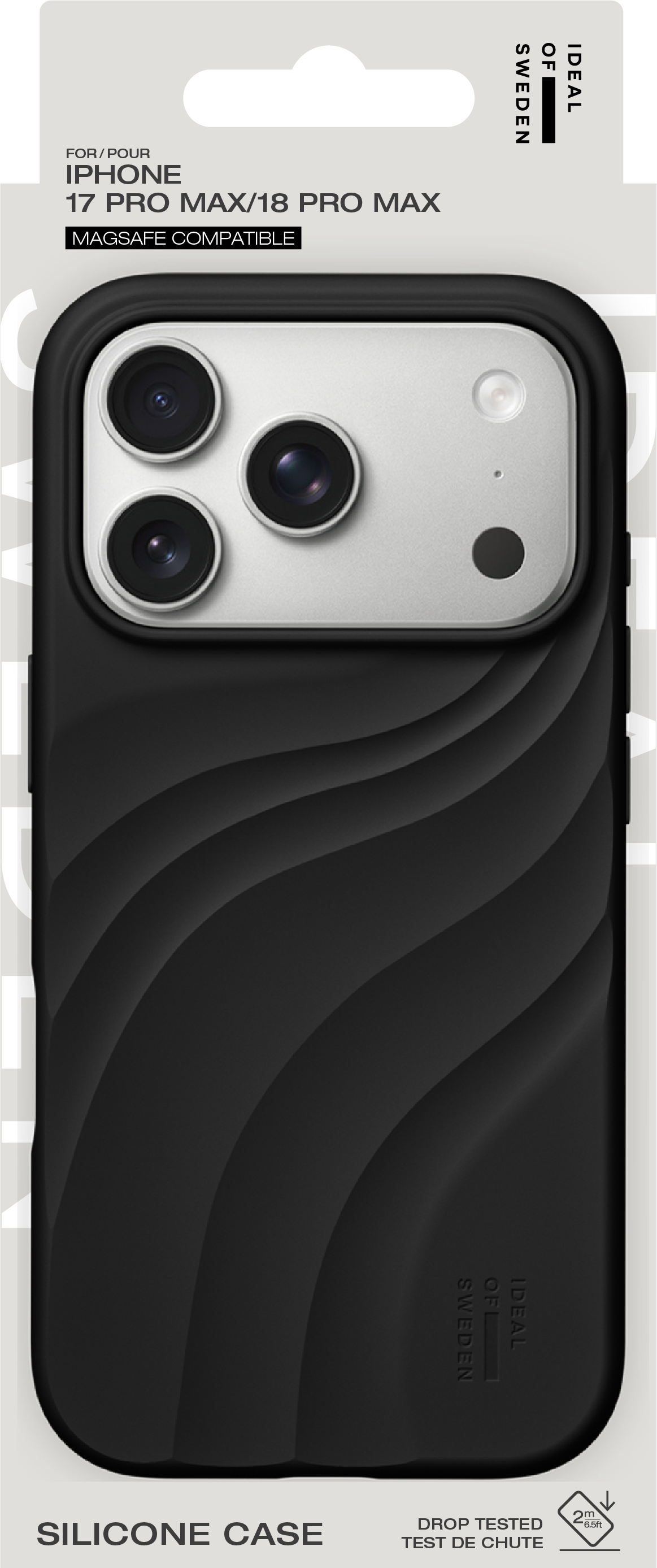 Schwarze Silikon-Handyhülle für iPhone 17 Pro Max in Verpackung mit Wellenmuster.
