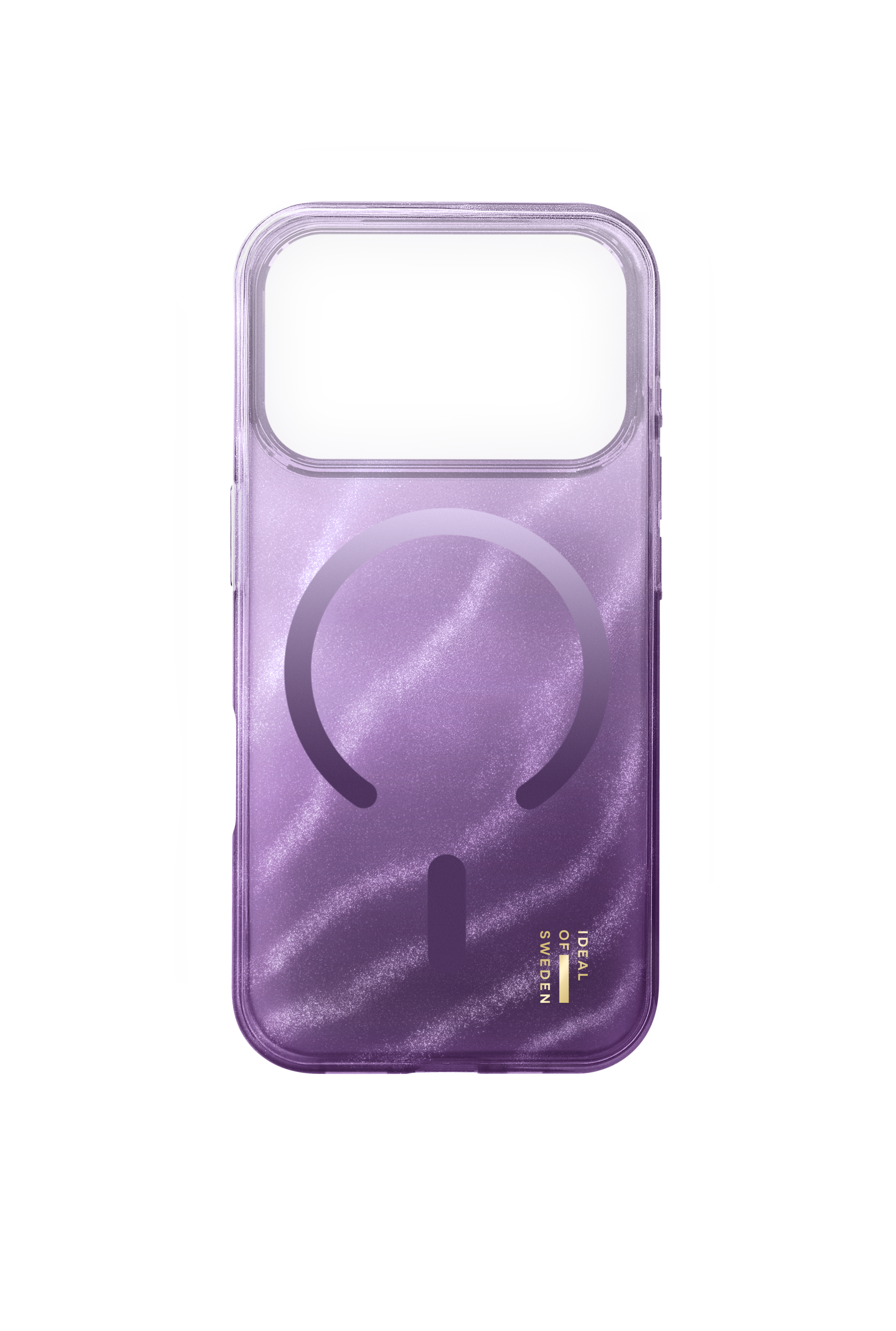 Glitzernde, violette MagSafe-Handyhülle auf schwarzem Hintergrund mit goldener Inschrift.