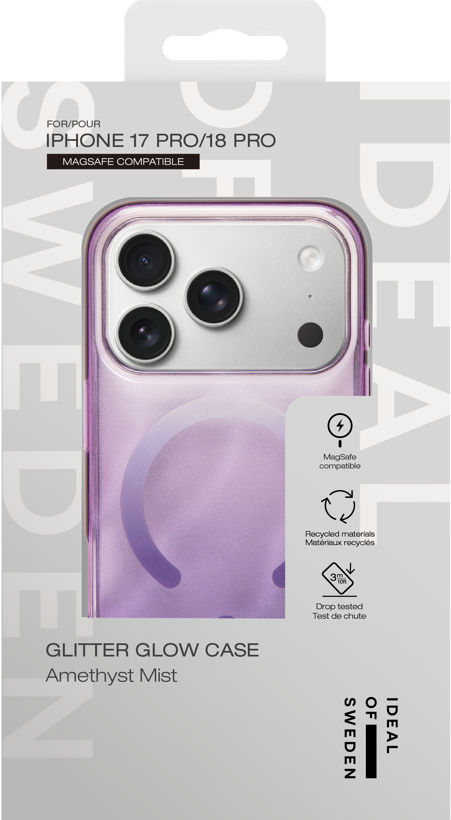 Verpackung für ein glitzerndes, violettes iPhone 17 Pro/18 Pro Schutzcase mit MagSafe.