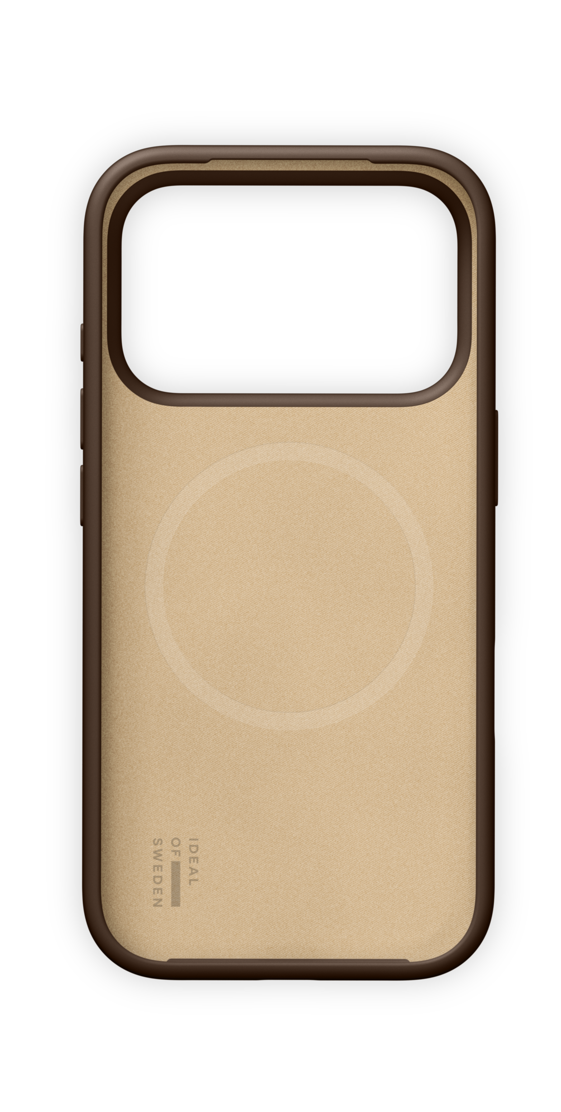 Beige und braune Handyhülle mit MagSafe-Kreis und Markenlogo auf schwarzem Hintergrund.