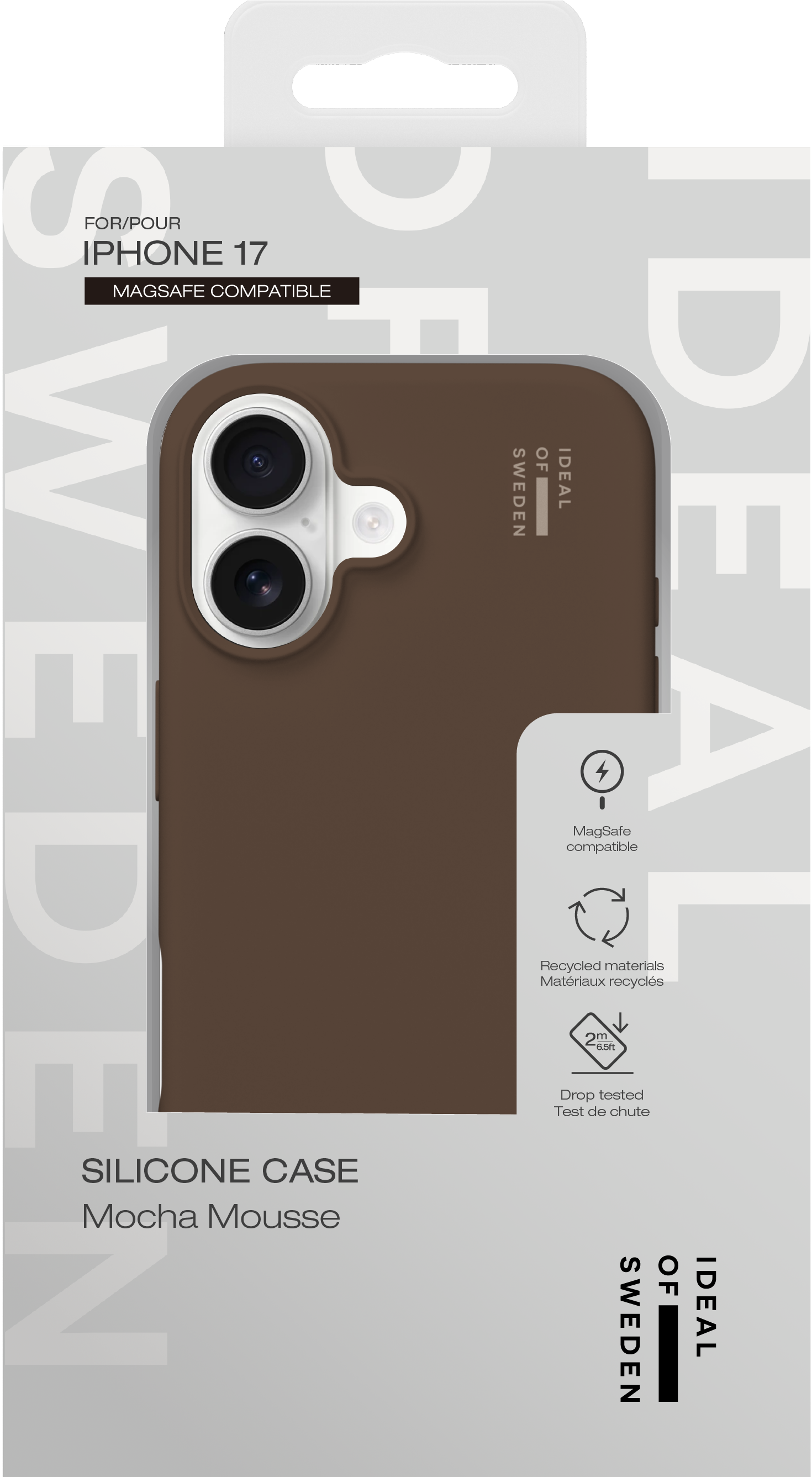 Braune iPhone 17 Silikonhülle in Verpackung mit Markenlogos und Symbolen für MagSafe und Recycling.