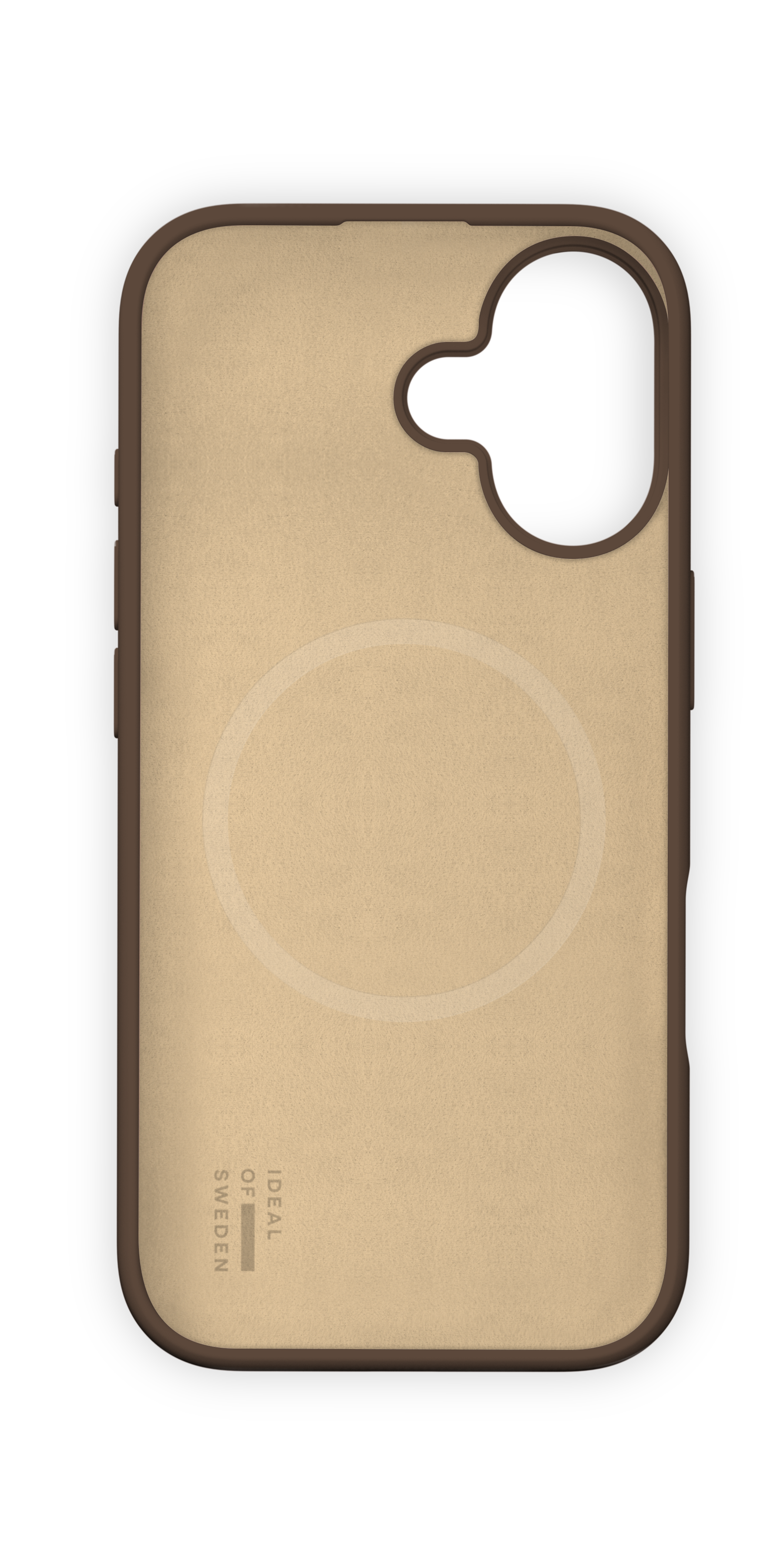 Beigefarbene Handyhülle mit braunem Rand, Kameraaussparung, integriertem MagSafe-Ring und kleinem Logo.