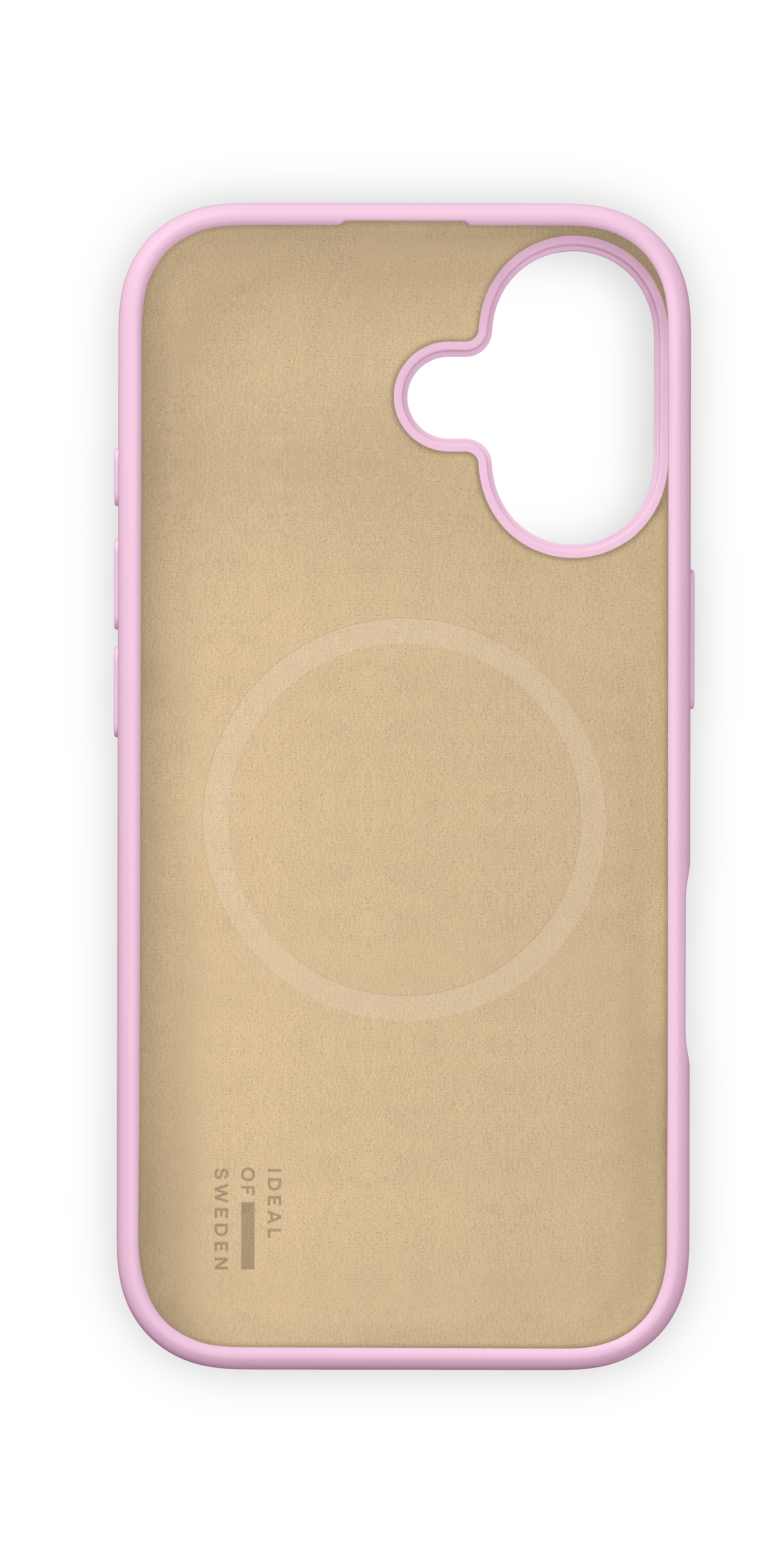 Eine beige Handyhülle mit rosa Rand, Kamera-Aussparung und Magnetring auf der Rückseite.
