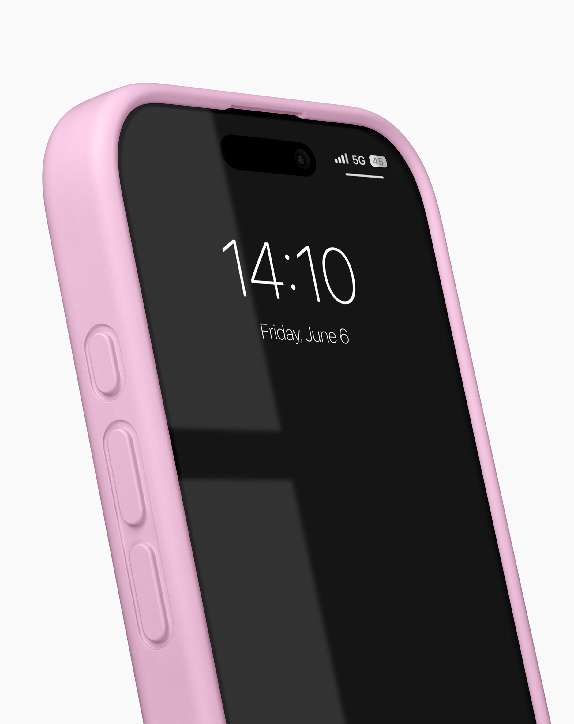 Ein Smartphone in einer pinken Hülle zeigt den Bildschirm mit der Uhrzeit 14:10.